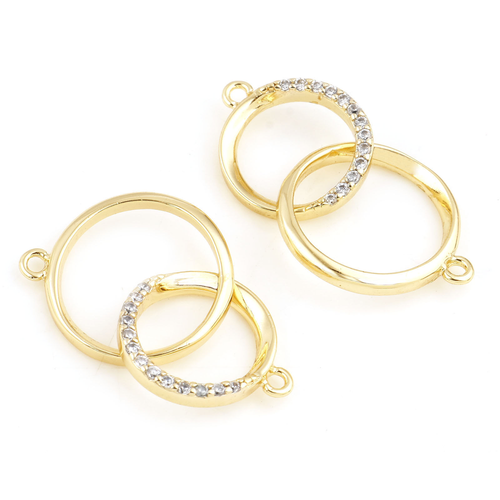 Image de Connecteurs en Laiton Plaqué Or Véritable Double Cercle à Zircone Cubique Clair 21mm x 13mm, 1 Pièce