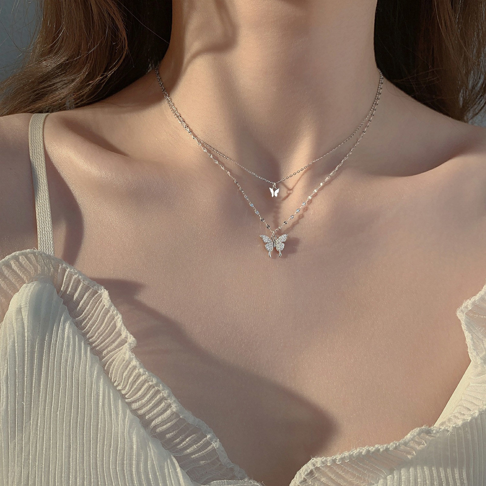 Picture of Titanium Steel Insect Curb Link Chain Multilayer Layered Necklace Silver Tone Butterfly Animal 1 Piece