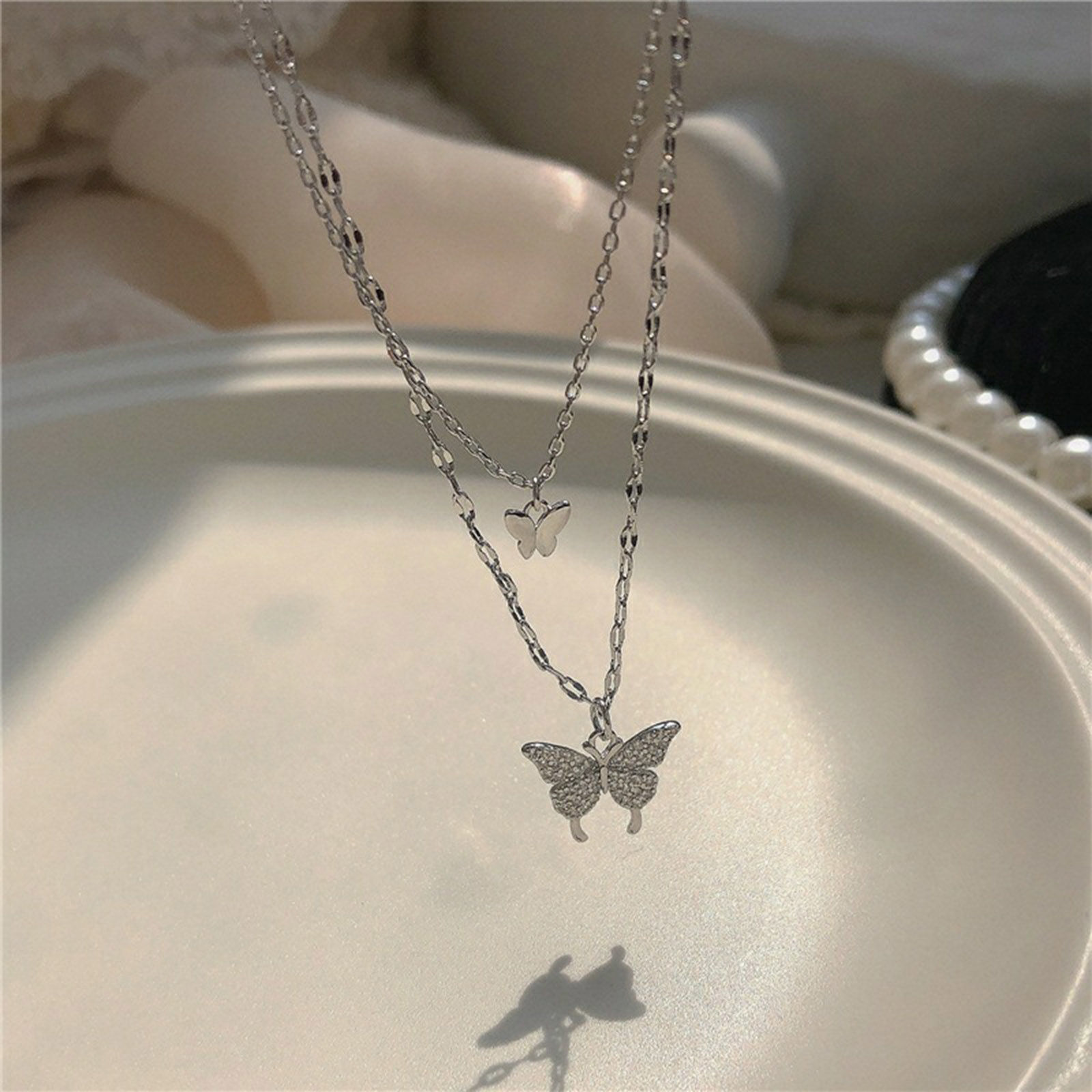 Picture of Titanium Steel Insect Curb Link Chain Multilayer Layered Necklace Silver Tone Butterfly Animal 1 Piece
