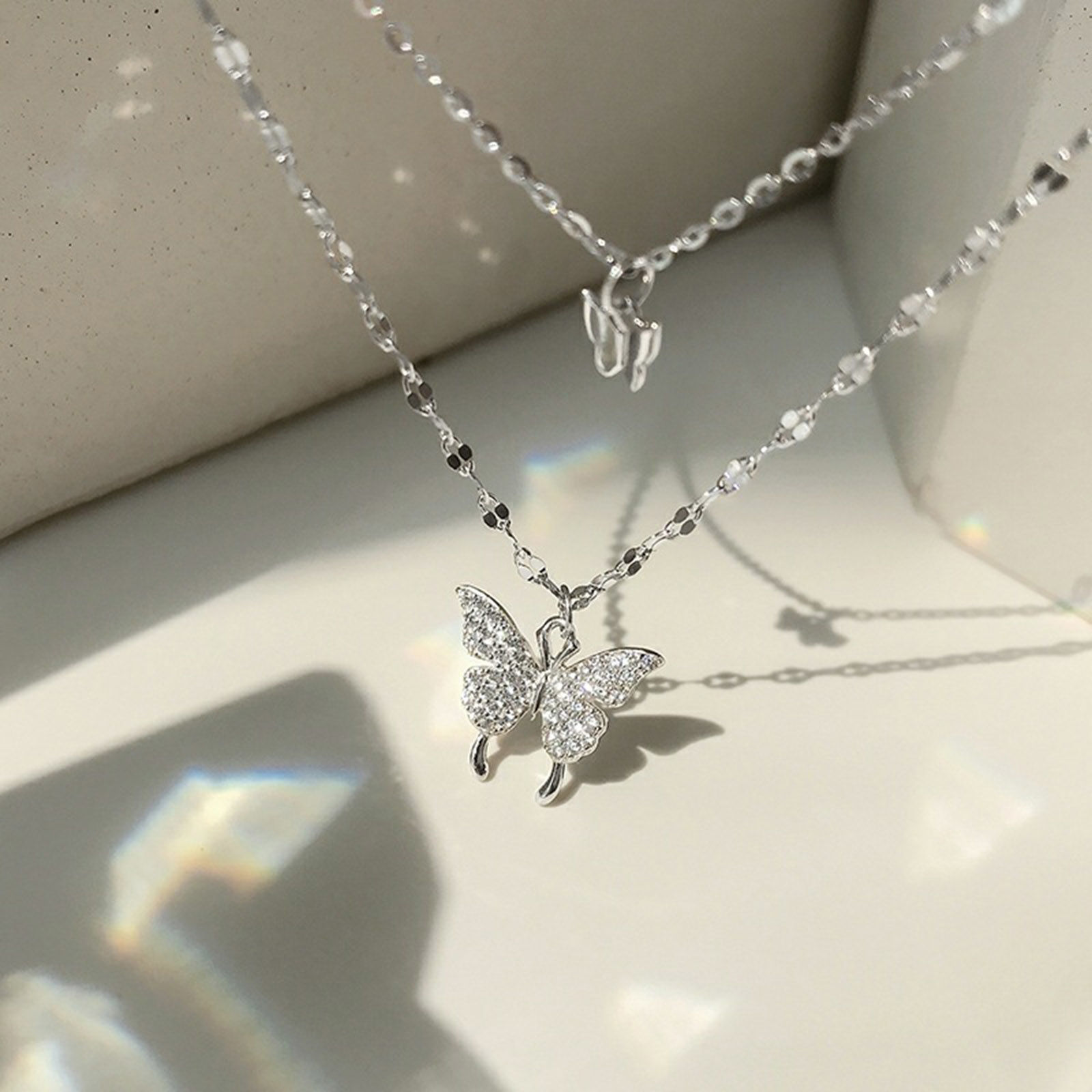 Picture of Titanium Steel Insect Curb Link Chain Multilayer Layered Necklace Silver Tone Butterfly Animal 1 Piece