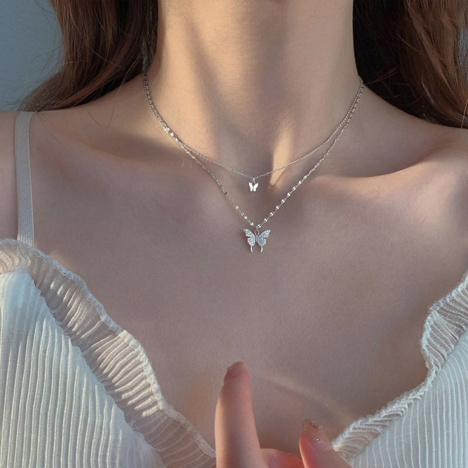 Picture of Titanium Steel Insect Curb Link Chain Multilayer Layered Necklace Silver Tone Butterfly Animal 1 Piece