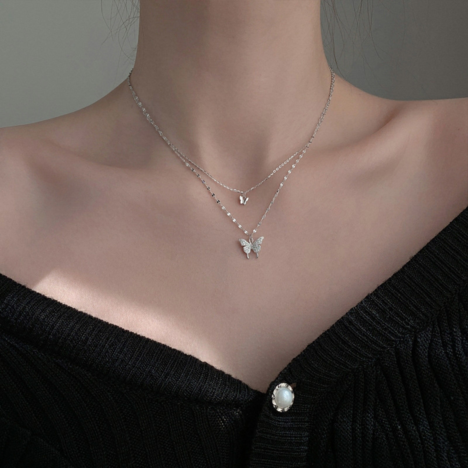 Picture of Titanium Steel Insect Curb Link Chain Multilayer Layered Necklace Silver Tone Butterfly Animal 1 Piece