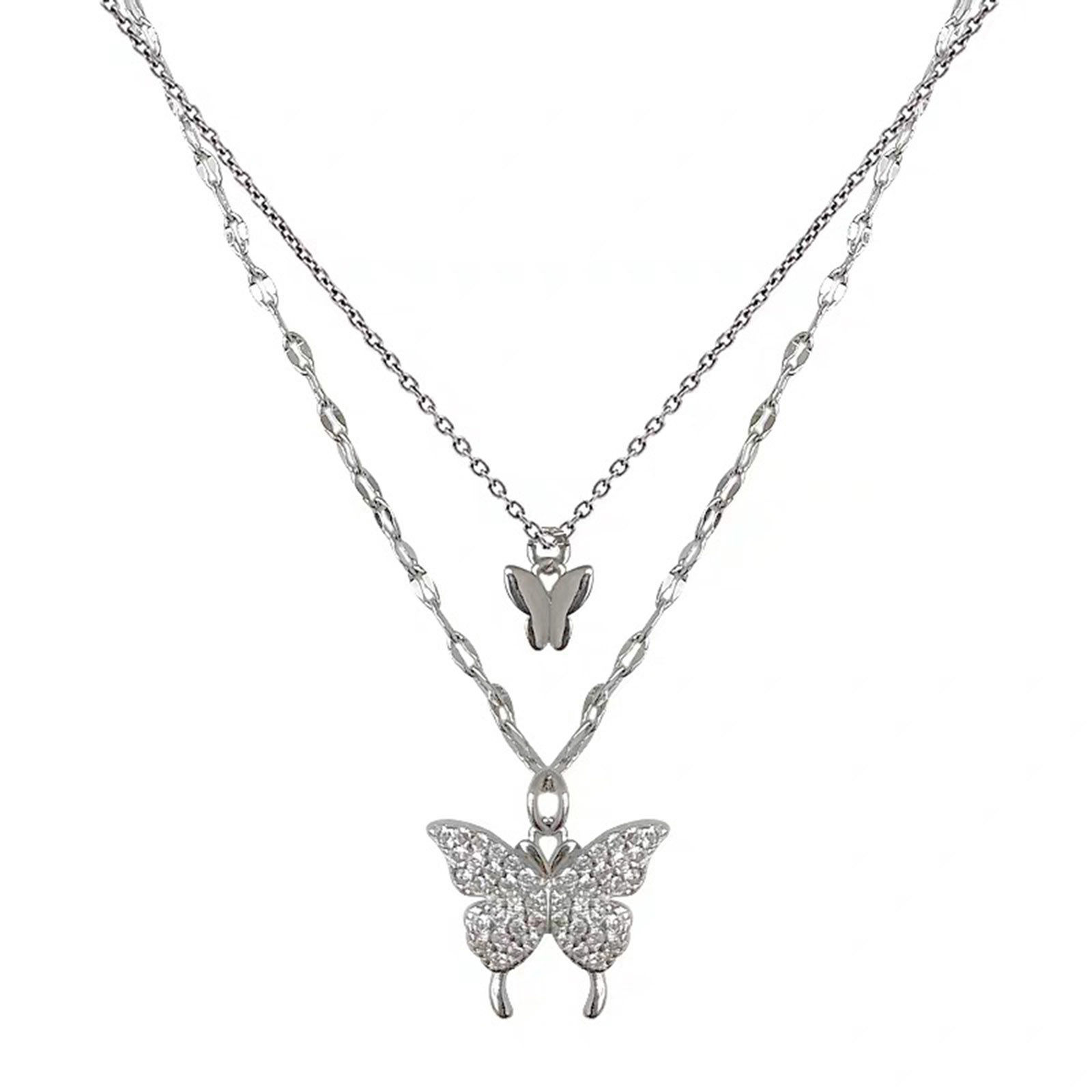 Picture of Titanium Steel Insect Curb Link Chain Multilayer Layered Necklace Silver Tone Butterfly Animal 1 Piece