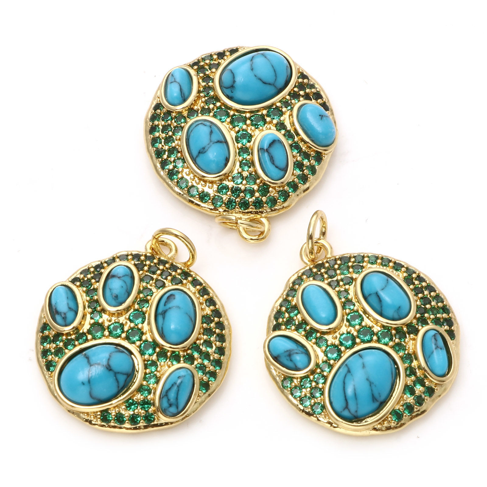 Bild von Messing Böhmischer Stil Charms 18K Echtgold plattiert Blau Rund Imitat Howlith Grün Zirkonia 25mm x 20mm, 1 Stück