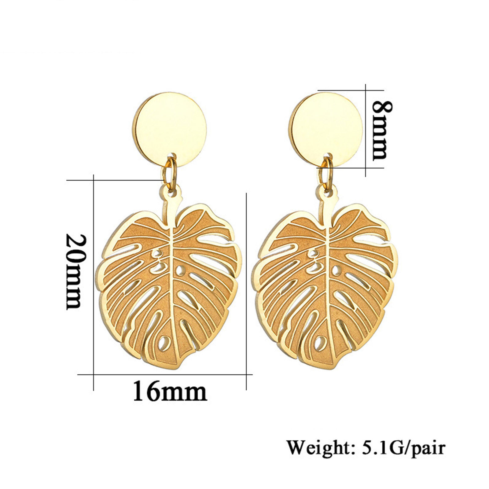 Image de Boucles d'Oreilles Puces en 304 Acier Inoxydable Élégant Plaqué Or 18K Feuille de Monstère Creux 28mm x 16mm , Epaisseur de Fil: (20 gauge), 1 Paire