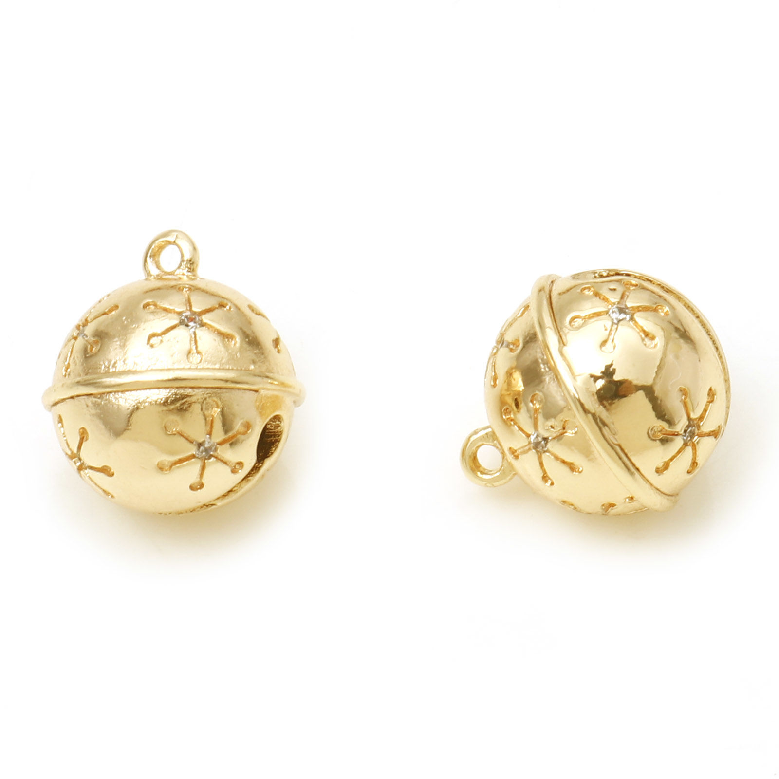 Immagine di Ottone Natale Charms Campana Vero Oro Placcato Fiocco di Neve 3D Trasparente Cubic Zirconiae 12mm x 11mm, 1 Pz