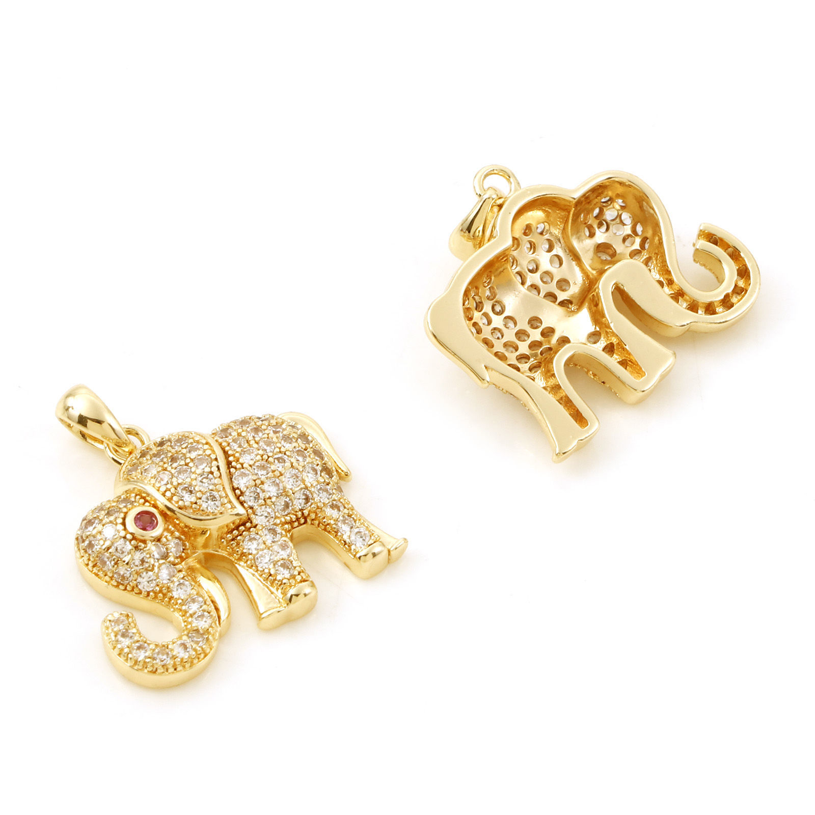Immagine di 1 Pz Ottone Ciondoli Pendenti Elefante Vero Oro Placcato Micro Spianare Trasparente Cubic Zirconiae 22mm x 19.5mm