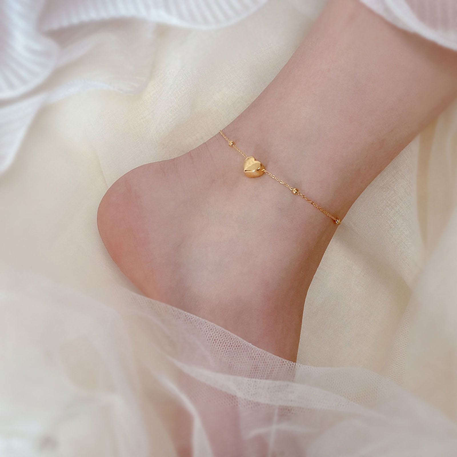 Picture of 304 Stainless Steel Link Cable Chain Anklet Gold Plated Adjustable Heart 21cm(8 2/8") long, 1 Piece