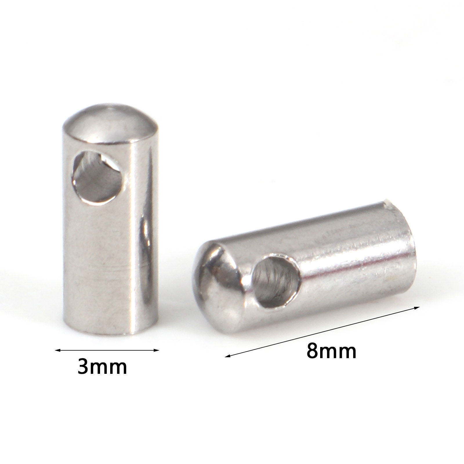 Picture of 304 Stainless Steel End Caps For Necklace Bracelet Jewelry Making Cylinder Silver Tone 8mm x 3mm, 50 PCs
