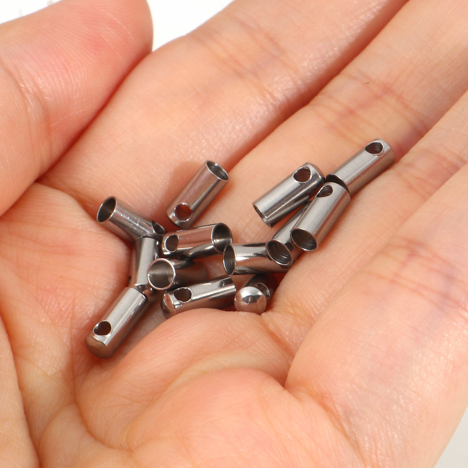 Picture of 304 Stainless Steel End Caps For Necklace Bracelet Jewelry Making Cylinder Silver Tone 8mm x 3mm, 50 PCs