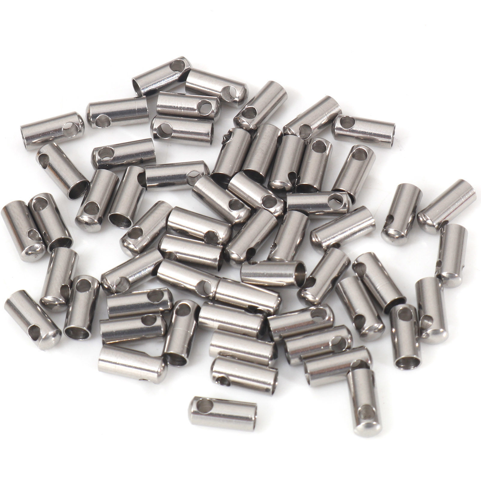 Picture of 304 Stainless Steel End Caps For Necklace Bracelet Jewelry Making Cylinder Silver Tone 8mm x 3mm, 50 PCs