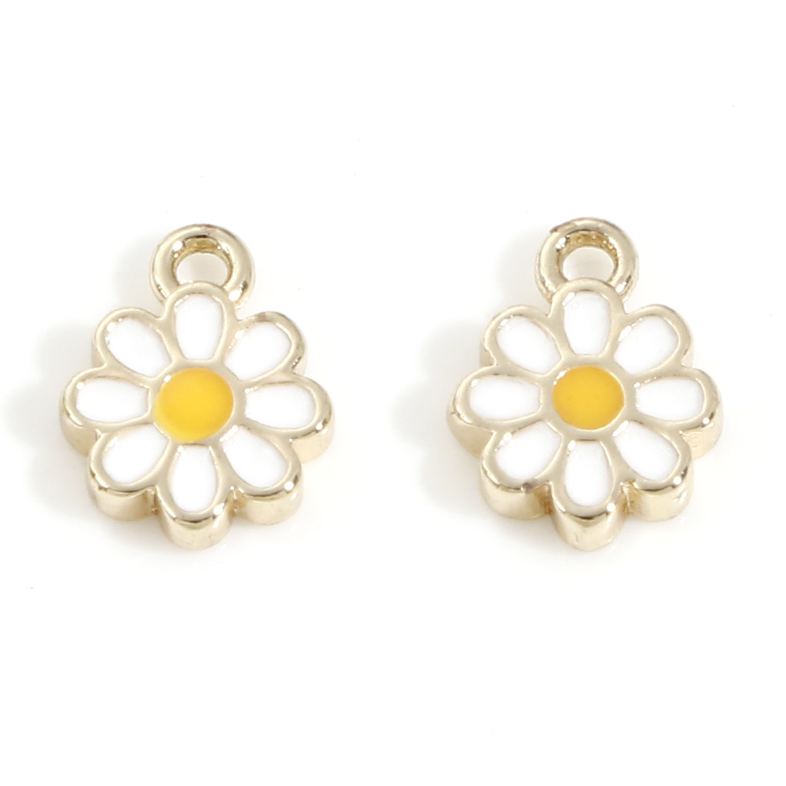 Picture of Brass Charms 14K Real Gold Plated White & Yellow Daisy Flower Enamel 8mm x 6mm, 2 PCs