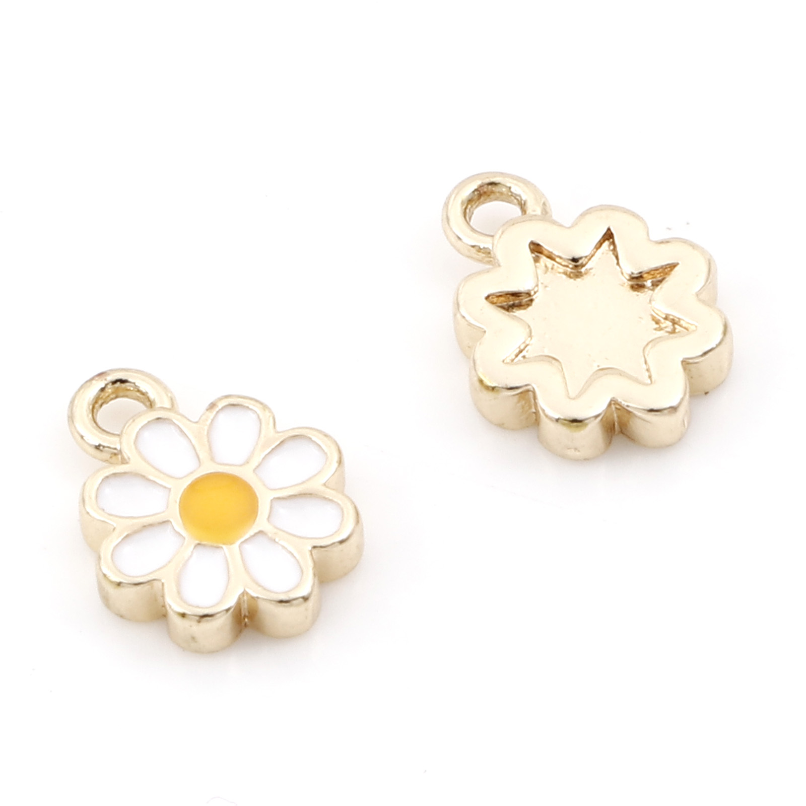 Picture of Brass Charms 14K Real Gold Plated White & Yellow Daisy Flower Enamel 8mm x 6mm, 2 PCs