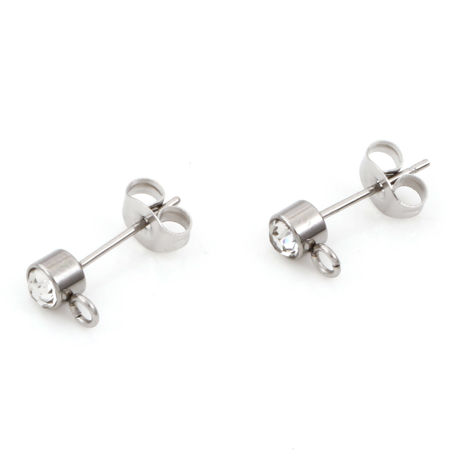 Picture of Eco-friendly 304 Stainless Steel Ear Post Stud Earrings Round Silver Tone With Loop 7mm x 4mm, Post/ Wire Size: (21 gauge), 10 PCs