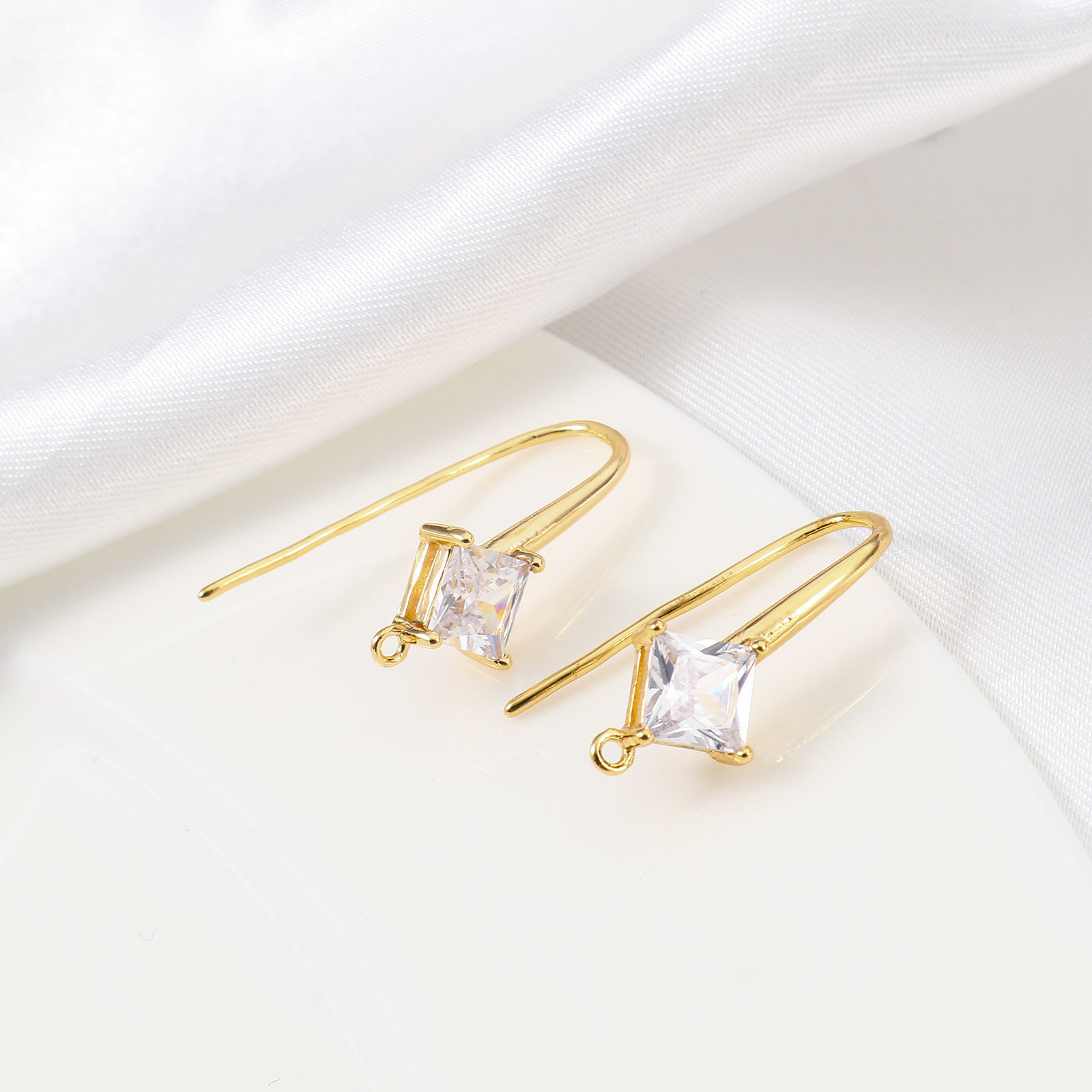 Picture of Brass Ear Wire Hooks Earrings For DIY Jewelry Making Accessories 18K Real Gold Plated Rhombus With Loop Clear Cubic Zirconia 25mm x 10mm, Post/ Wire Size: (18 gauge), 2 PCs