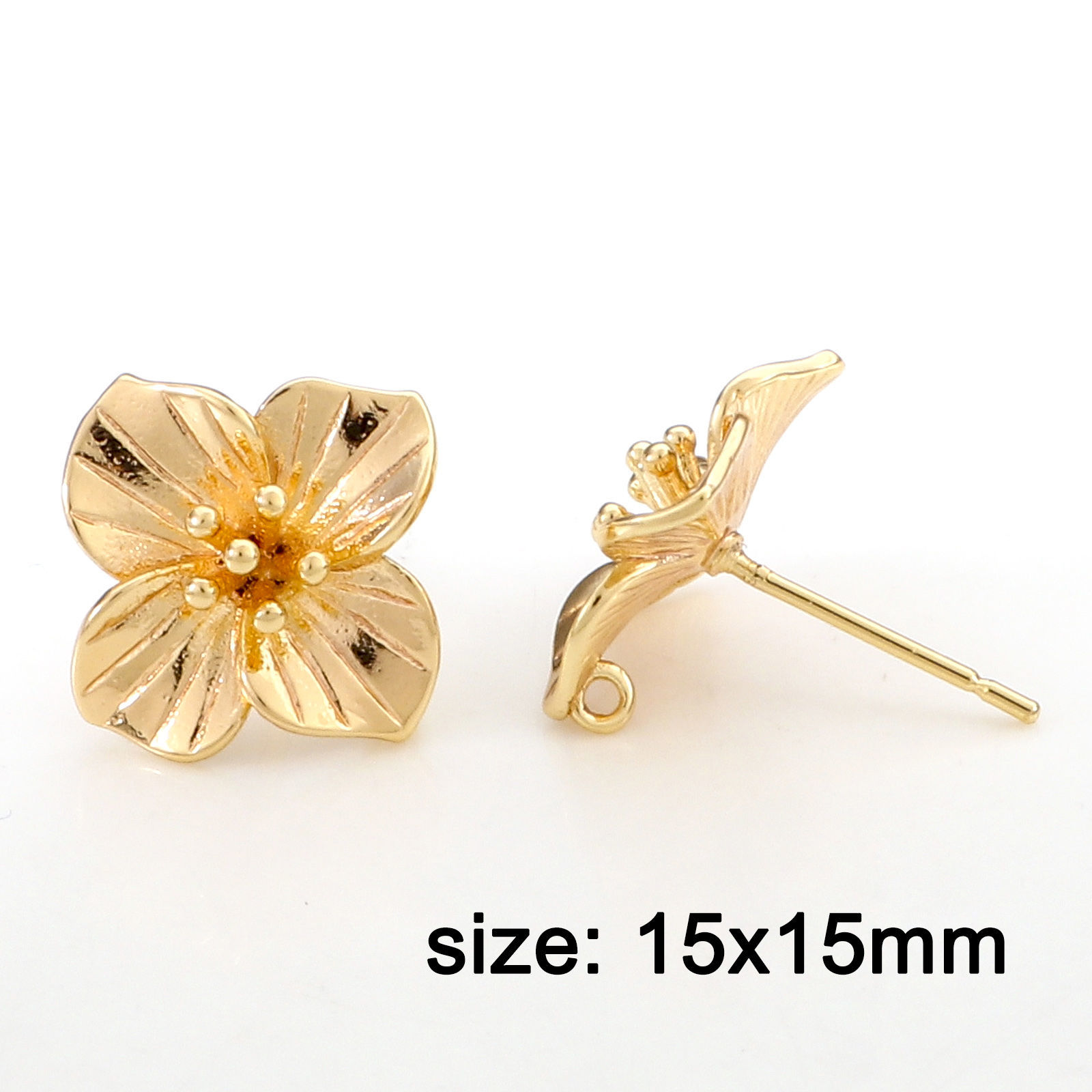 Bild von Messing Ohrring Ohrstecker 18K Echtgold plattiert Blumen Message " Mit Öse " 15mm x 15mm, Drahtstärke: (21 gauge), 2 Stück
