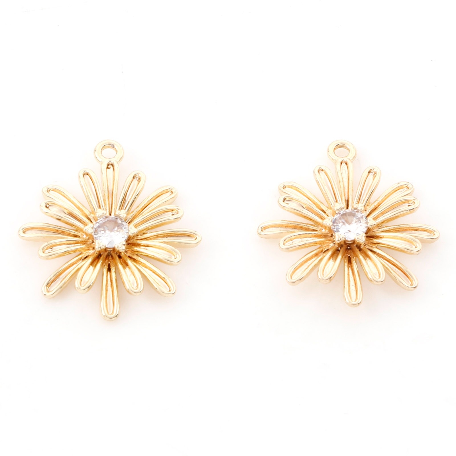 Picture of Brass Charms 18K Real Gold Plated Daisy Flower 3D Clear Cubic Zirconia 17.5mm x 15mm, 2 PCs