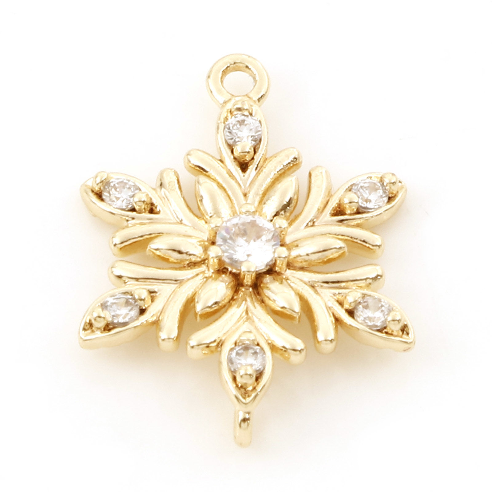 Immagine di Ottone Pendenti Charms Connettori Accessori Natale Fiocco di Neve 18K Vero Oro Placcato Trasparente Cubic Zirconiae 18mm x 13mm, 2 Pz