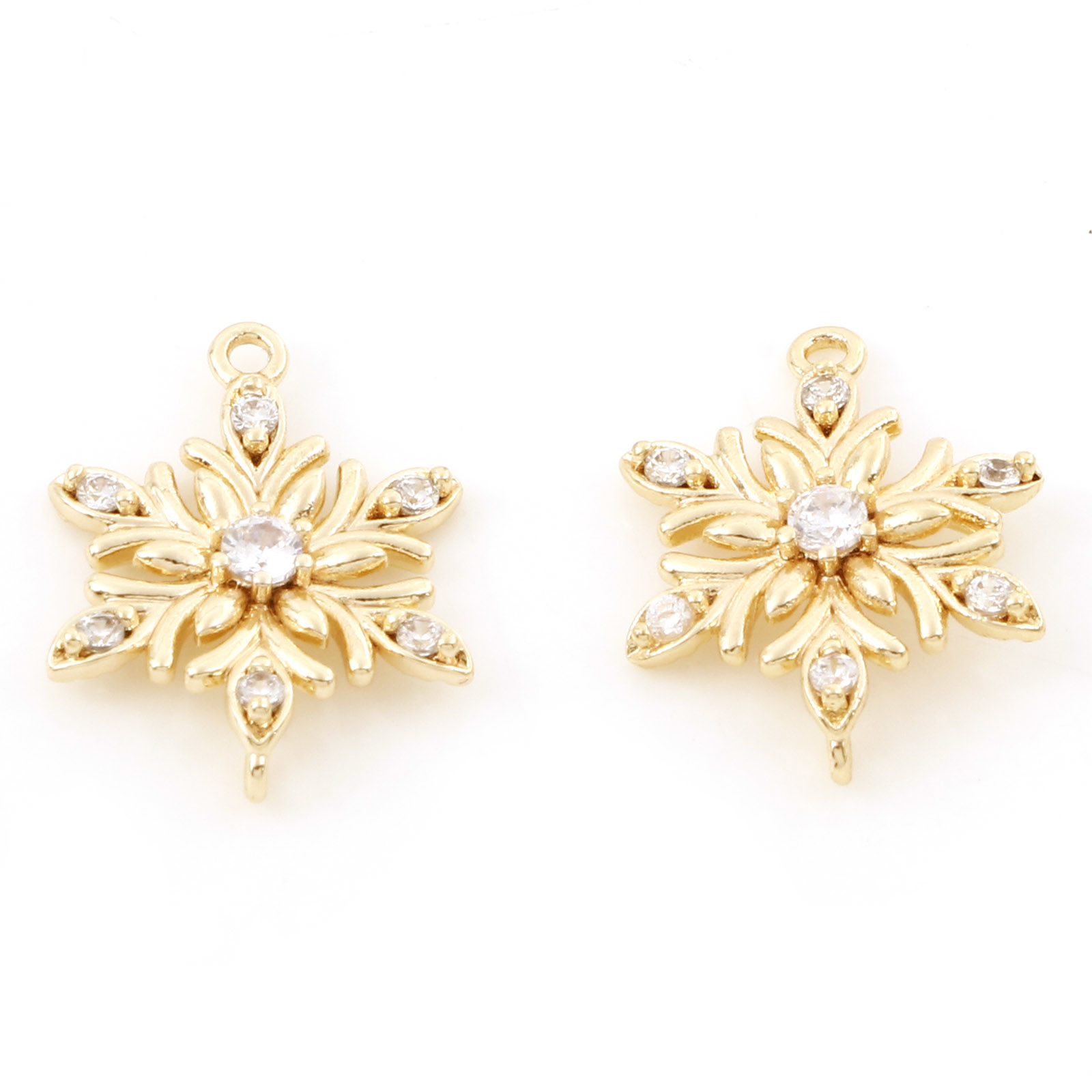Immagine di Ottone Pendenti Charms Connettori Accessori Natale Fiocco di Neve 18K Vero Oro Placcato Trasparente Cubic Zirconiae 18mm x 13mm, 2 Pz