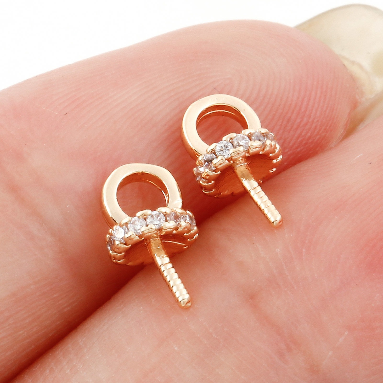 Bild von Messing Kappen Stift für Perlen 18K Echtgold plattiert Rund Micro Pave Nadelstärke: 0.8mm, Klar Zirkonia 9mm x 5mm, 2 Stück