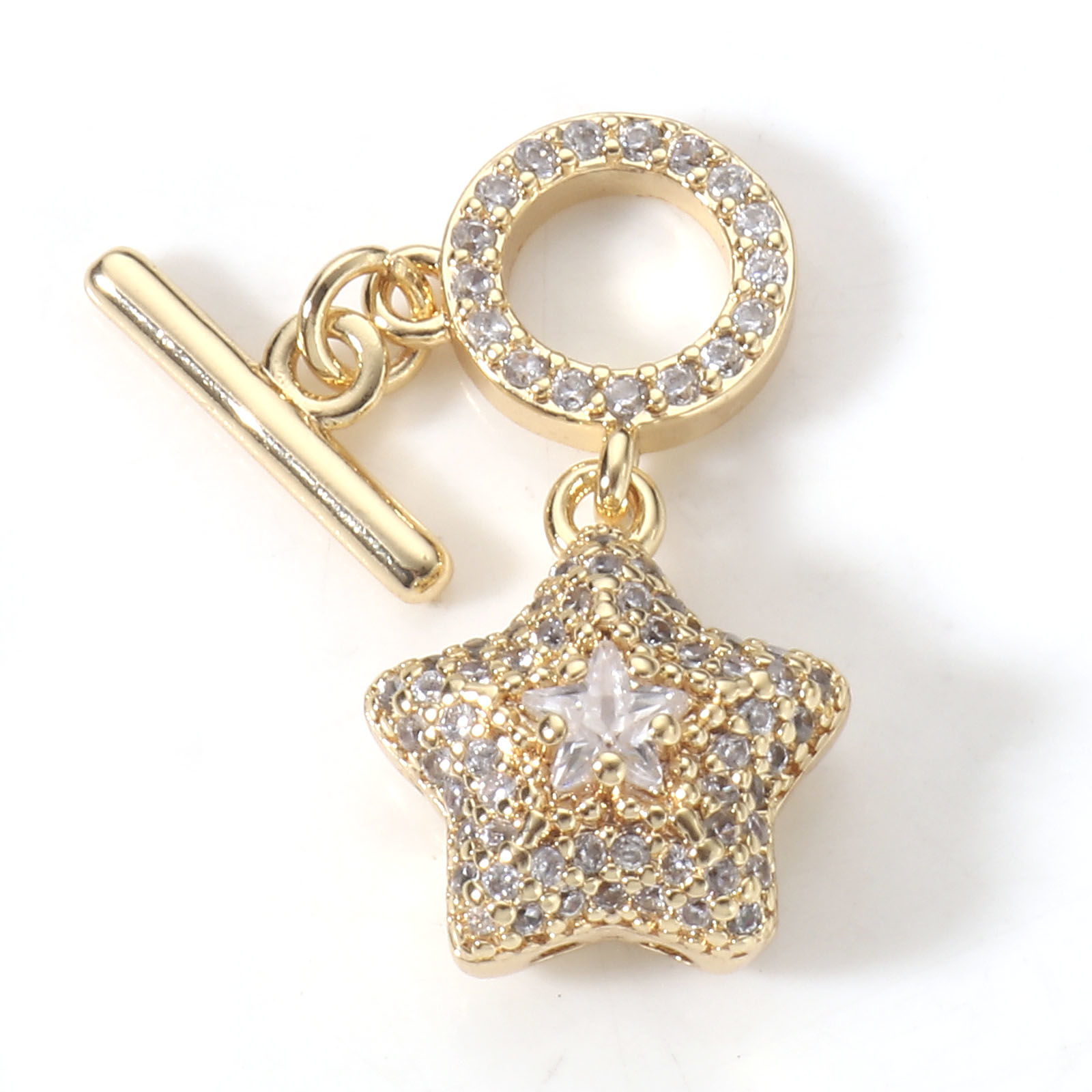 Picture of 1 Set Brass Toggle Clasps Pentagram Star 18K Real Gold Plated Clear Rhinestone 24x12mm 13x4mm