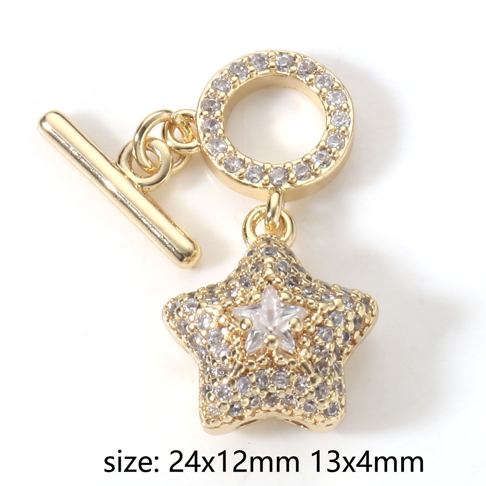 Picture of 1 Set Brass Toggle Clasps Pentagram Star 18K Real Gold Plated Clear Rhinestone 24x12mm 13x4mm