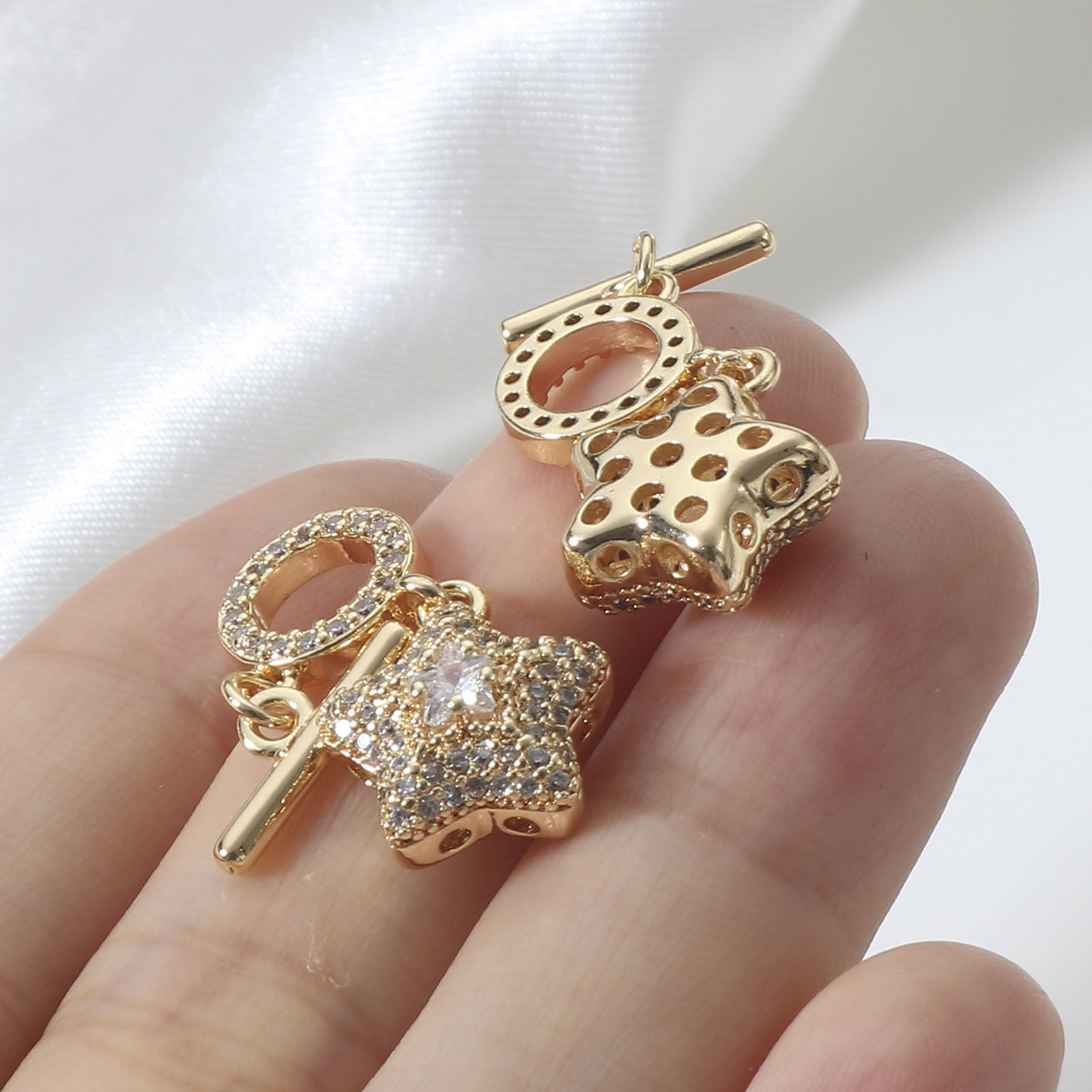 Picture of 1 Set Brass Toggle Clasps Pentagram Star 18K Real Gold Plated Clear Rhinestone 24x12mm 13x4mm