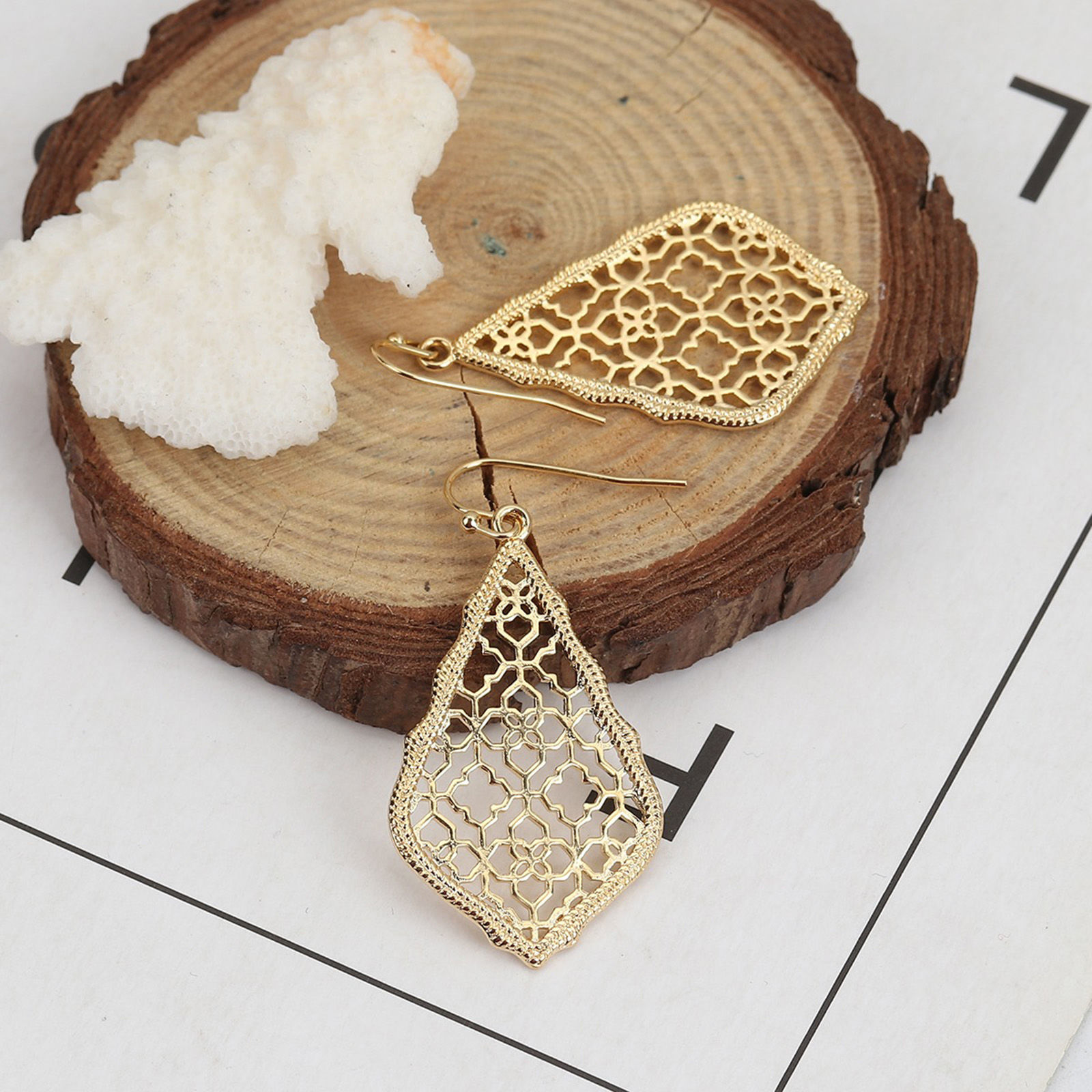 Picture of 10 PCs Eco-friendly Brass Retro Earrings 18K Real Gold Plated Drop Filigree 4.9cm x 2.4cm