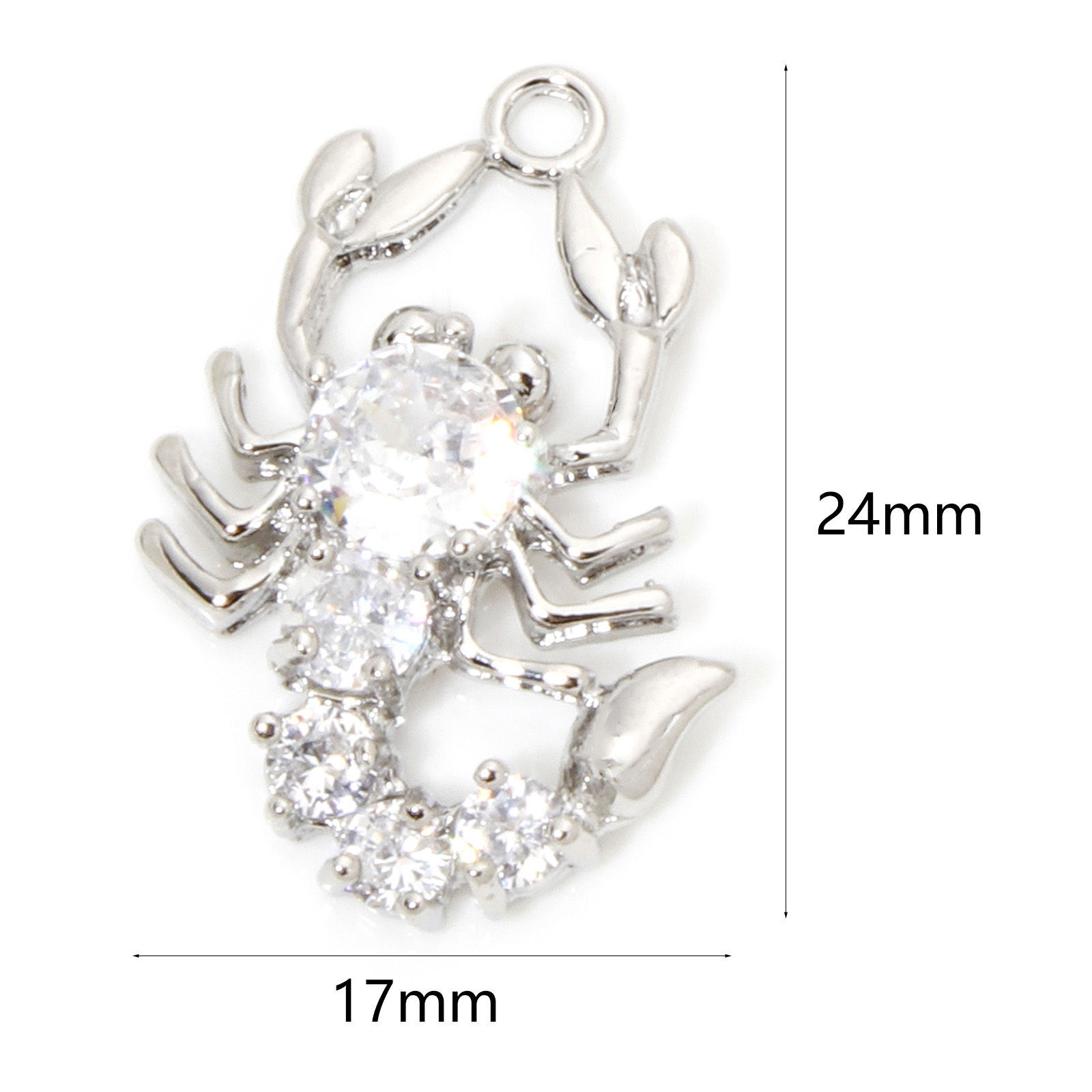Picture of 1 Piece Eco-friendly Brass Halloween Charms Real Platinum Plated Scorpion Clear Rhinestone 24mm x 17mm