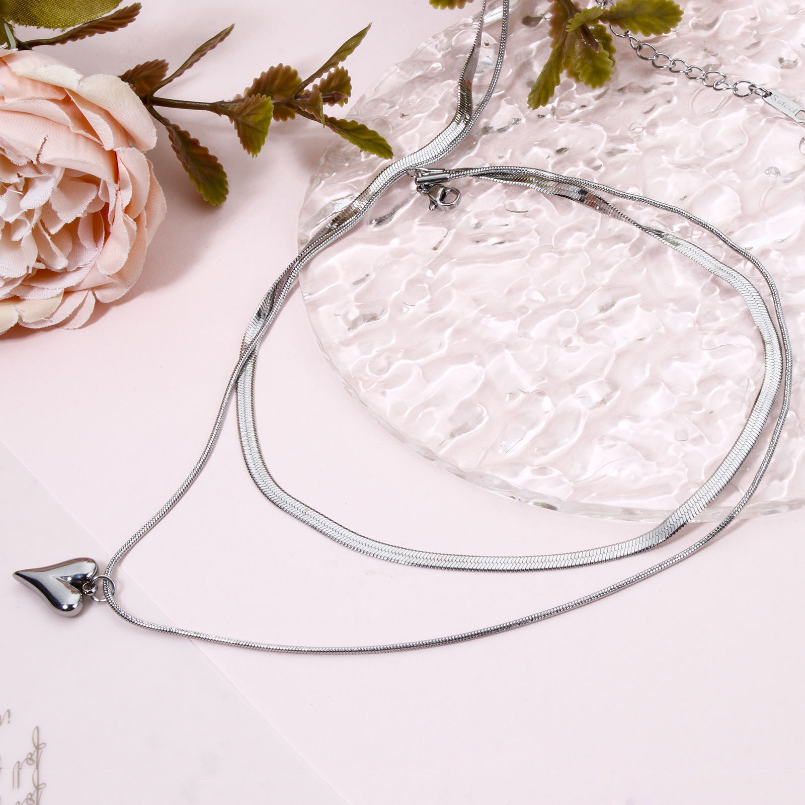 Immagine di 1 Pz Ecologico 304 Acciaio Inossidabile Stile Ins Catena di Serpente Multistrato Collana Tono Argento Cuore 40cm Lunghezza