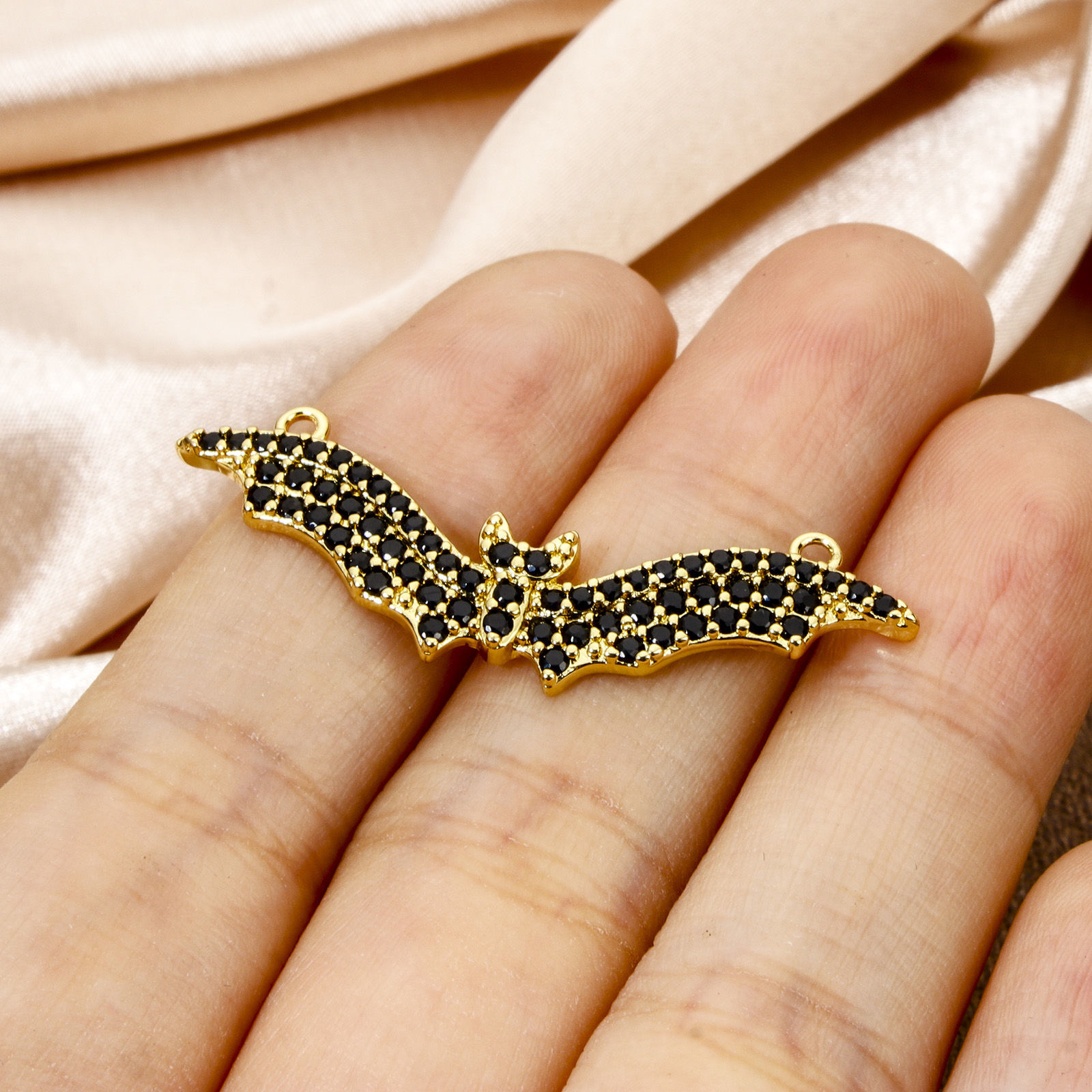 Picture of 1 Piece Eco-friendly Brass Halloween Connectors Charms Pendants Halloween Bat Animal 18K Real Gold Plated Micro Pave Black Cubic Zirconia 3.9cm x 1.3cm