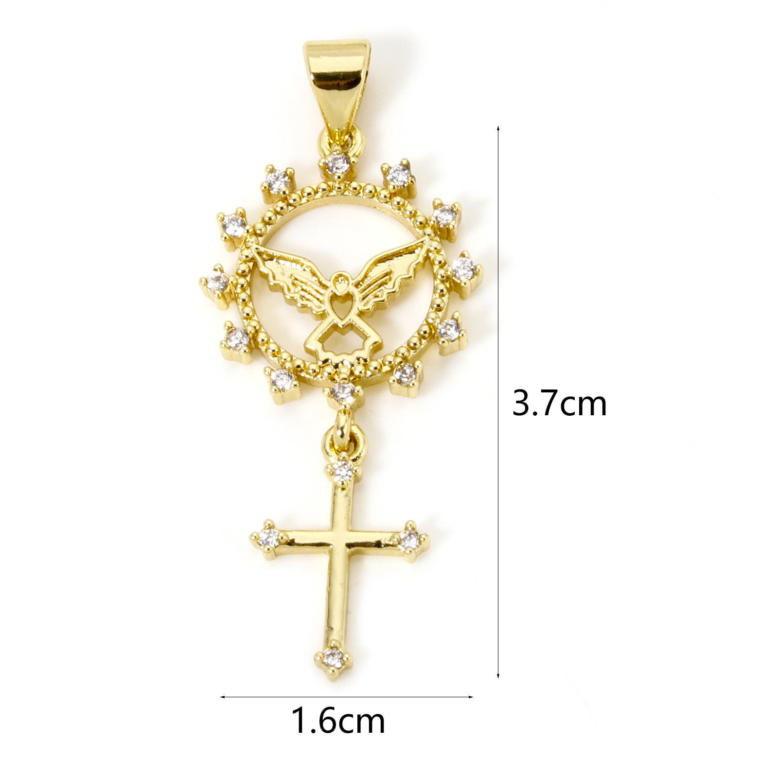 1 個 真鍮 宗教 ペンダント クロス 18Kゴールドメッキ 太陽 マイクロパヴェ クリアジルコン 3.7cmx 1.6cm、 の画像
