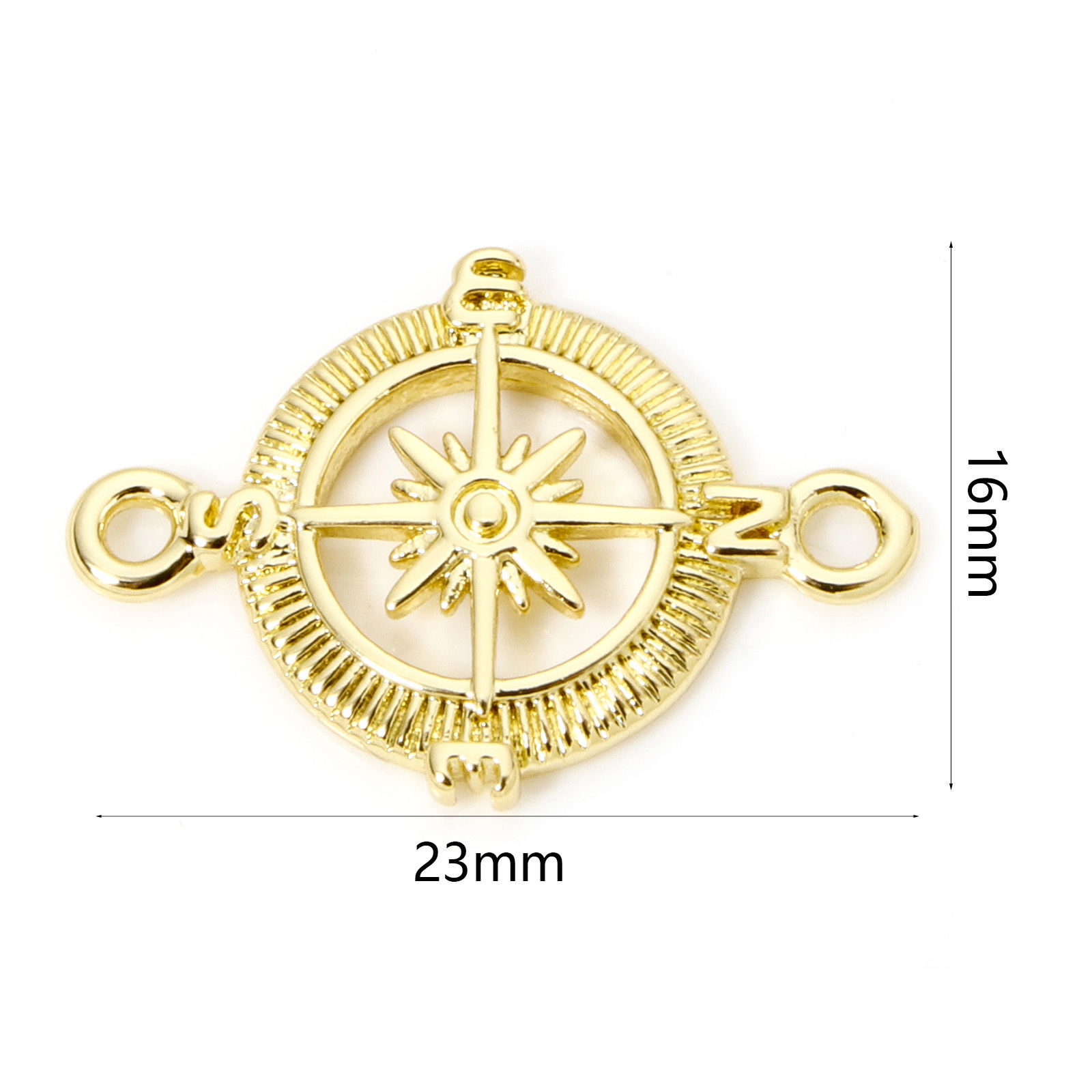 2 個 真鍮 旅行 コネクター ペンダント チャーム 18Kゴールドメッキ コンパス 透かし 23mmx 16mm、 の画像