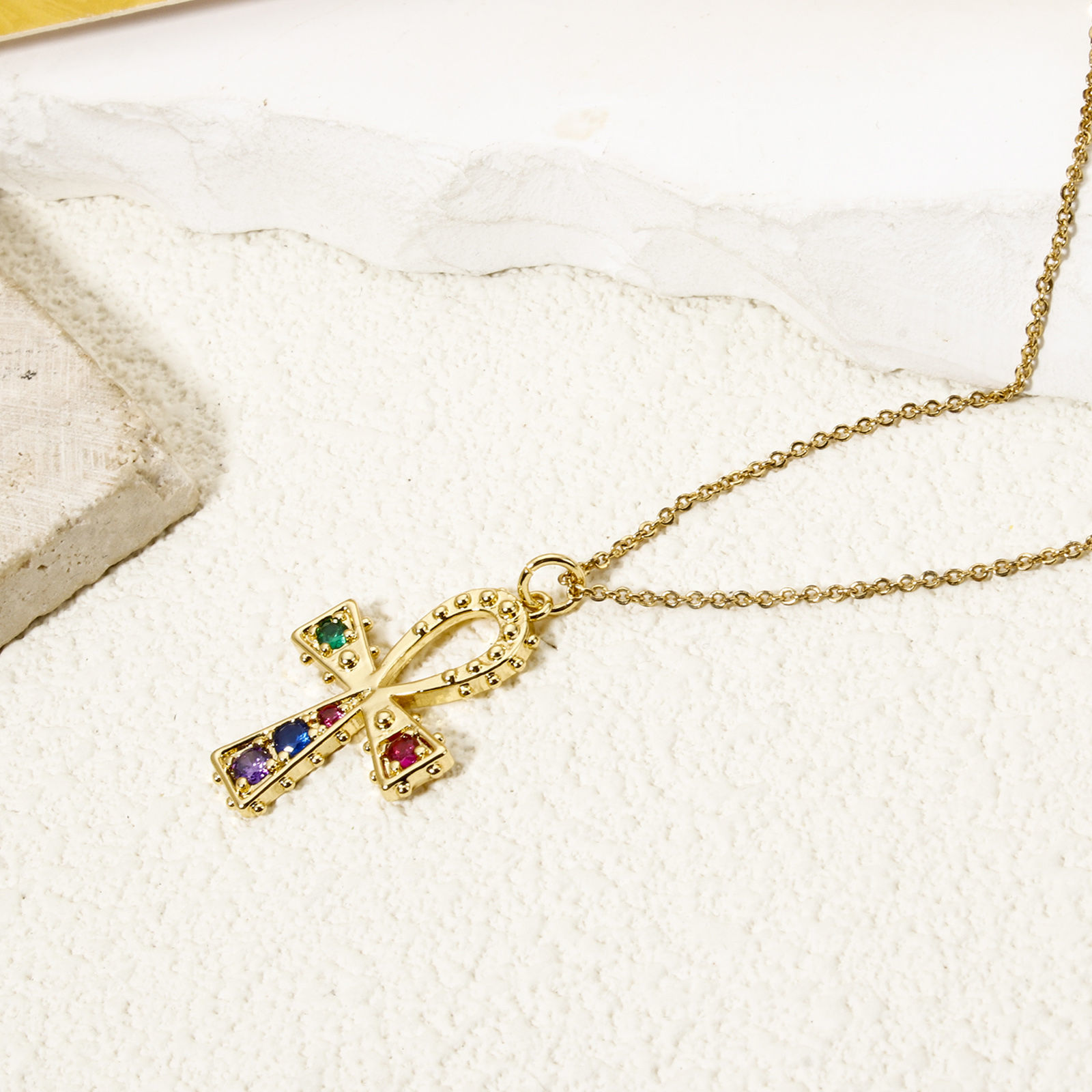 Bild von 1 Stück Messing Religiös Charm-Anhänger 18K Vergoldet Ankh ägyptisches Kreuz Bunt Zirkonia 3.2cm x 2cm