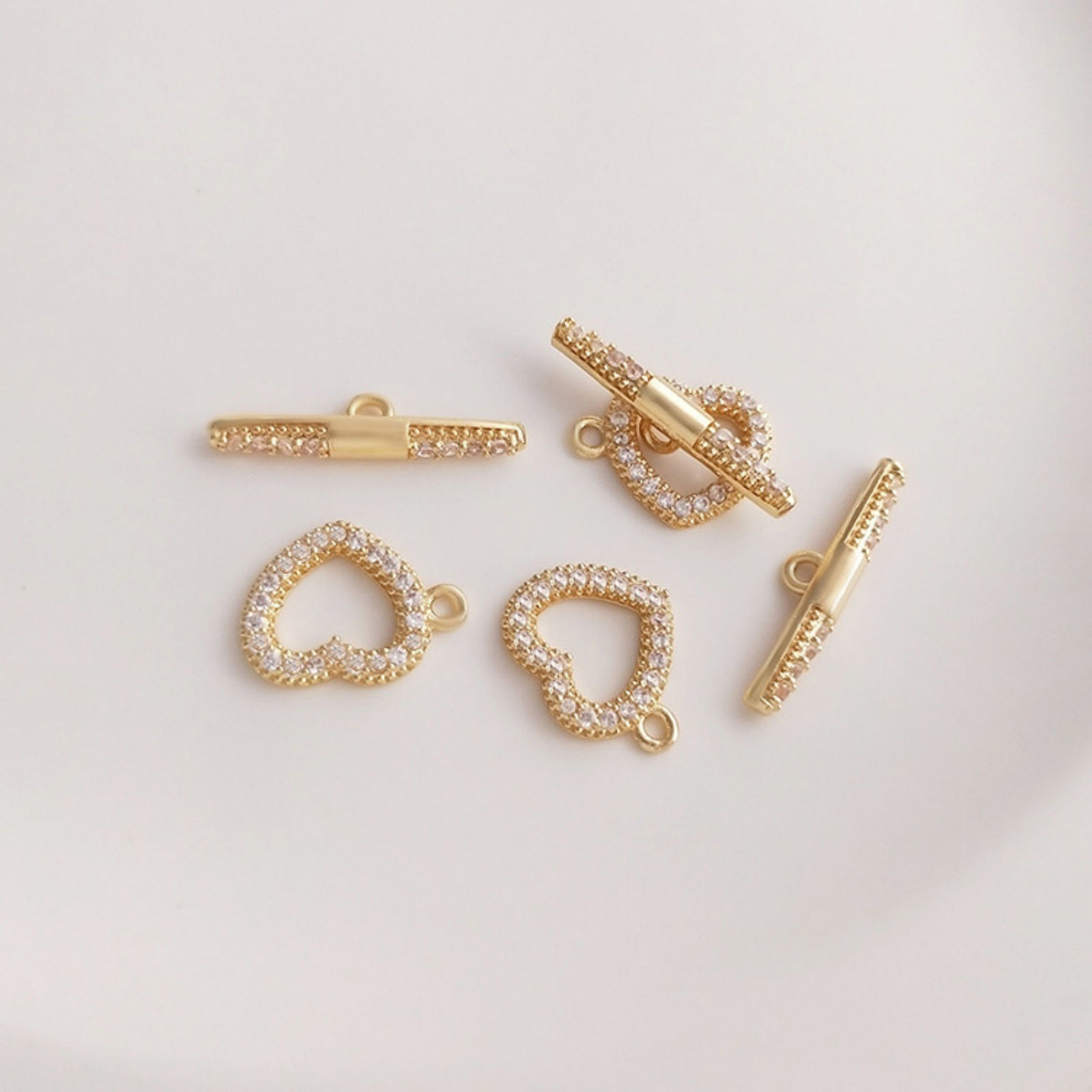 Picture of 1 Set Eco-friendly Brass Toggle Clasps Heart 14K Real Gold Plated Micro Pave Clear Cubic Zirconia 20.7mm x 12mm
