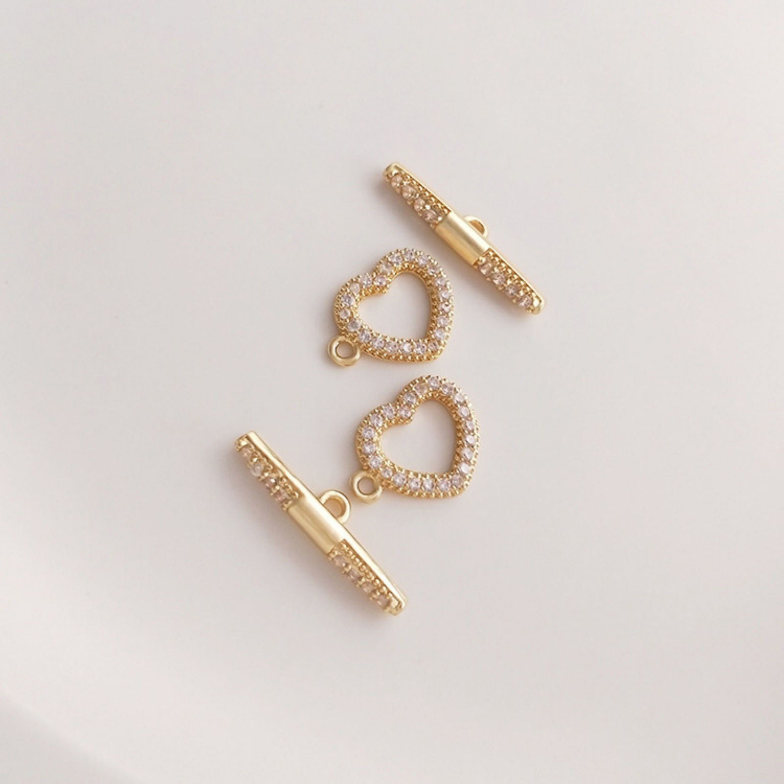 Picture of 1 Set Eco-friendly Brass Toggle Clasps Heart 14K Real Gold Plated Micro Pave Clear Cubic Zirconia 20.7mm x 12mm