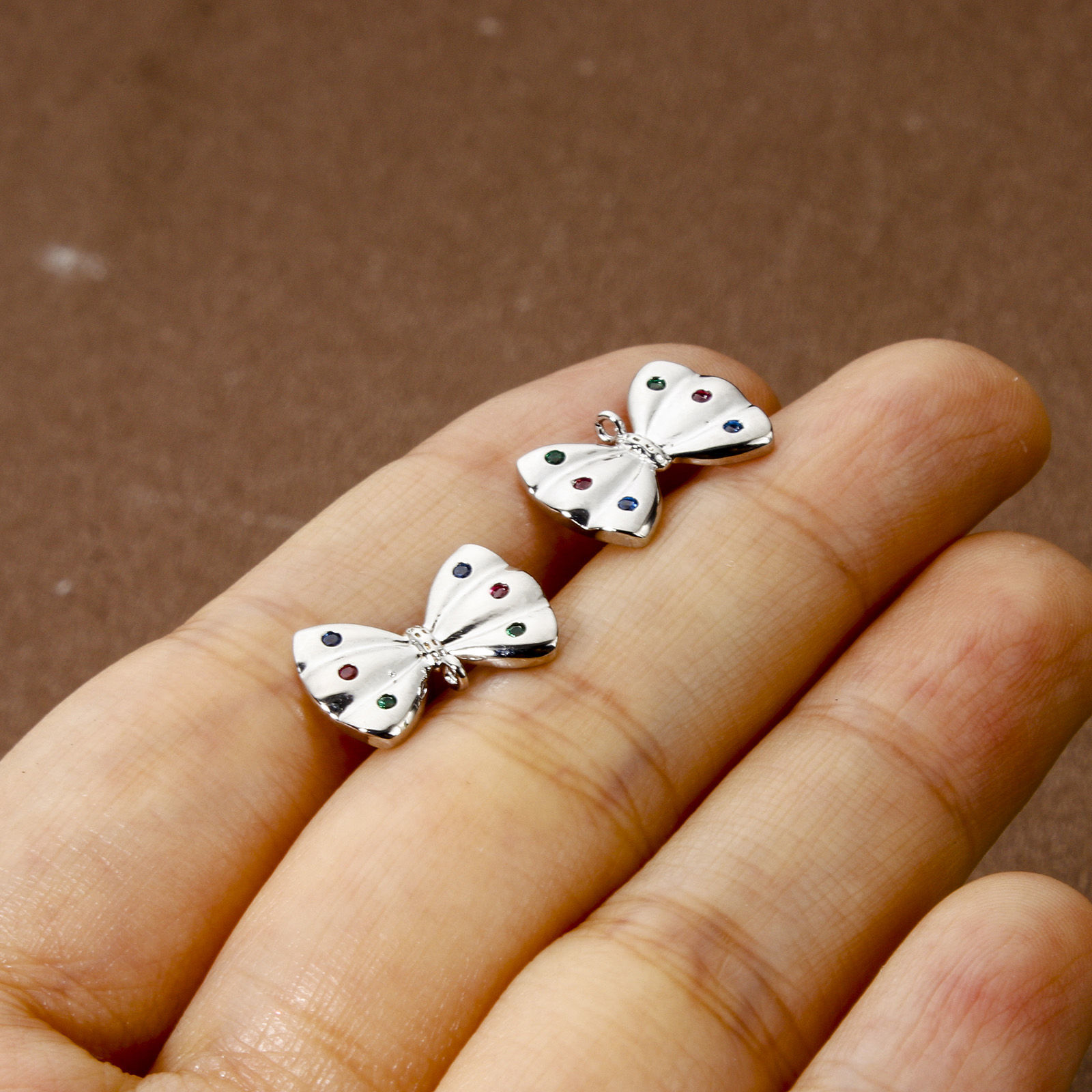 Picture of 2 PCs Eco-friendly Brass Ear Post Stud Earrings Real Platinum Plated Bowknot With Loop Multicolour Cubic Zirconia 15mm x 10mm