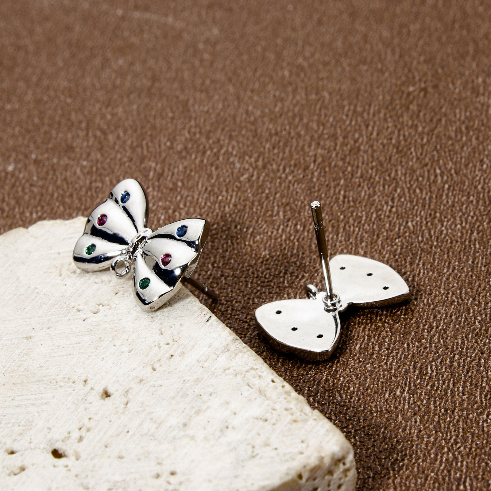 Picture of 2 PCs Eco-friendly Brass Ear Post Stud Earrings Real Platinum Plated Bowknot With Loop Multicolour Cubic Zirconia 15mm x 10mm