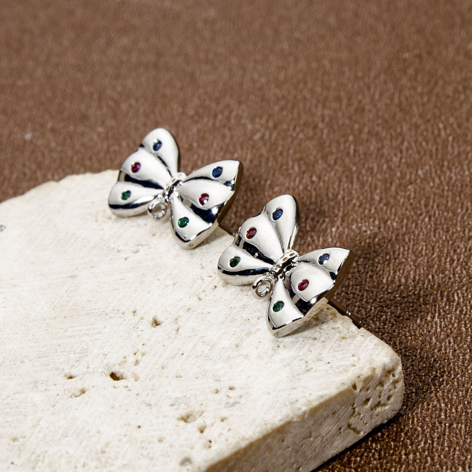 Picture of 2 PCs Eco-friendly Brass Ear Post Stud Earrings Real Platinum Plated Bowknot With Loop Multicolour Cubic Zirconia 15mm x 10mm