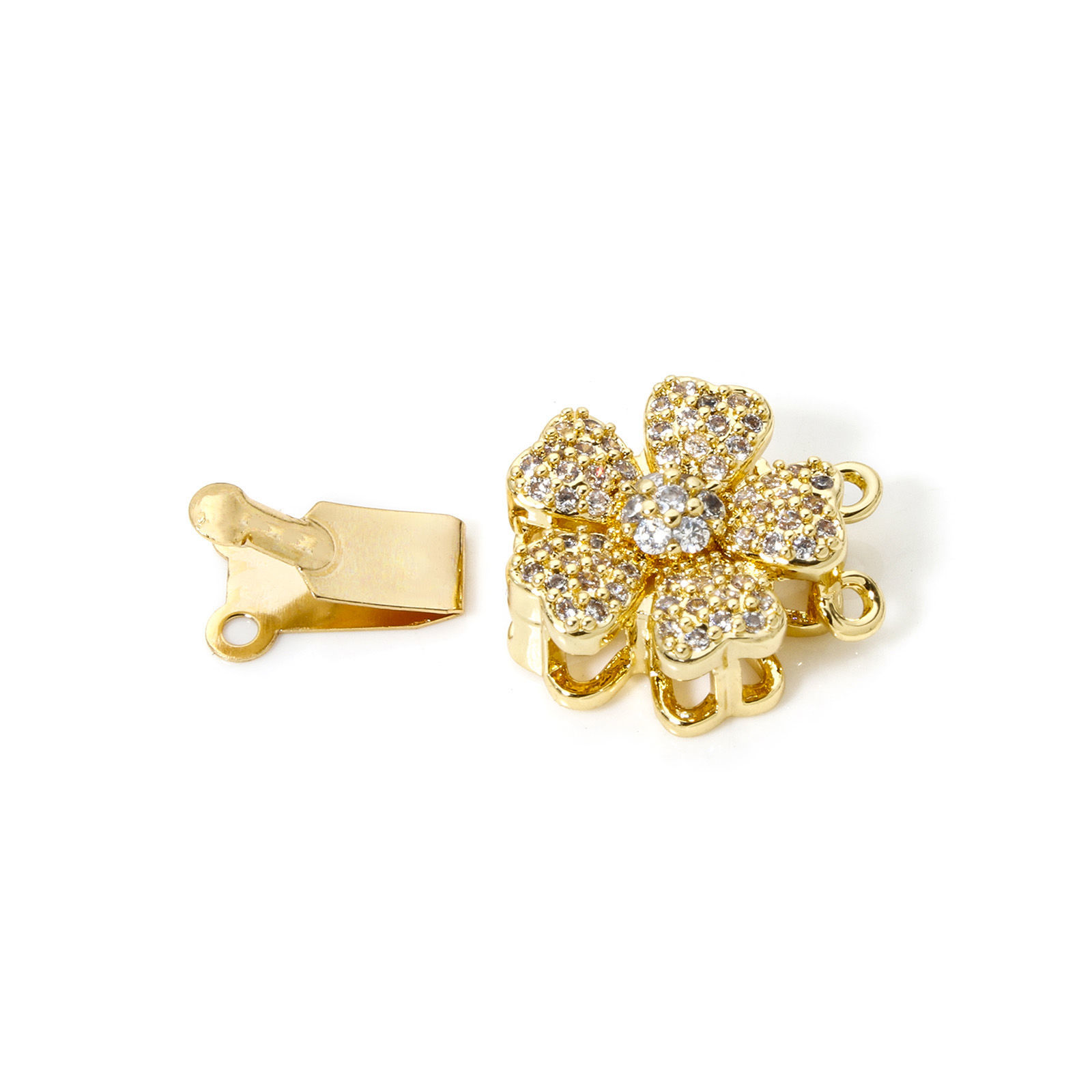 Picture of 1 Piece Brass Push In Snap Lock Clasps Flower 18K Gold Plated Clear Cubic Zirconia 19mm x 14.5mm