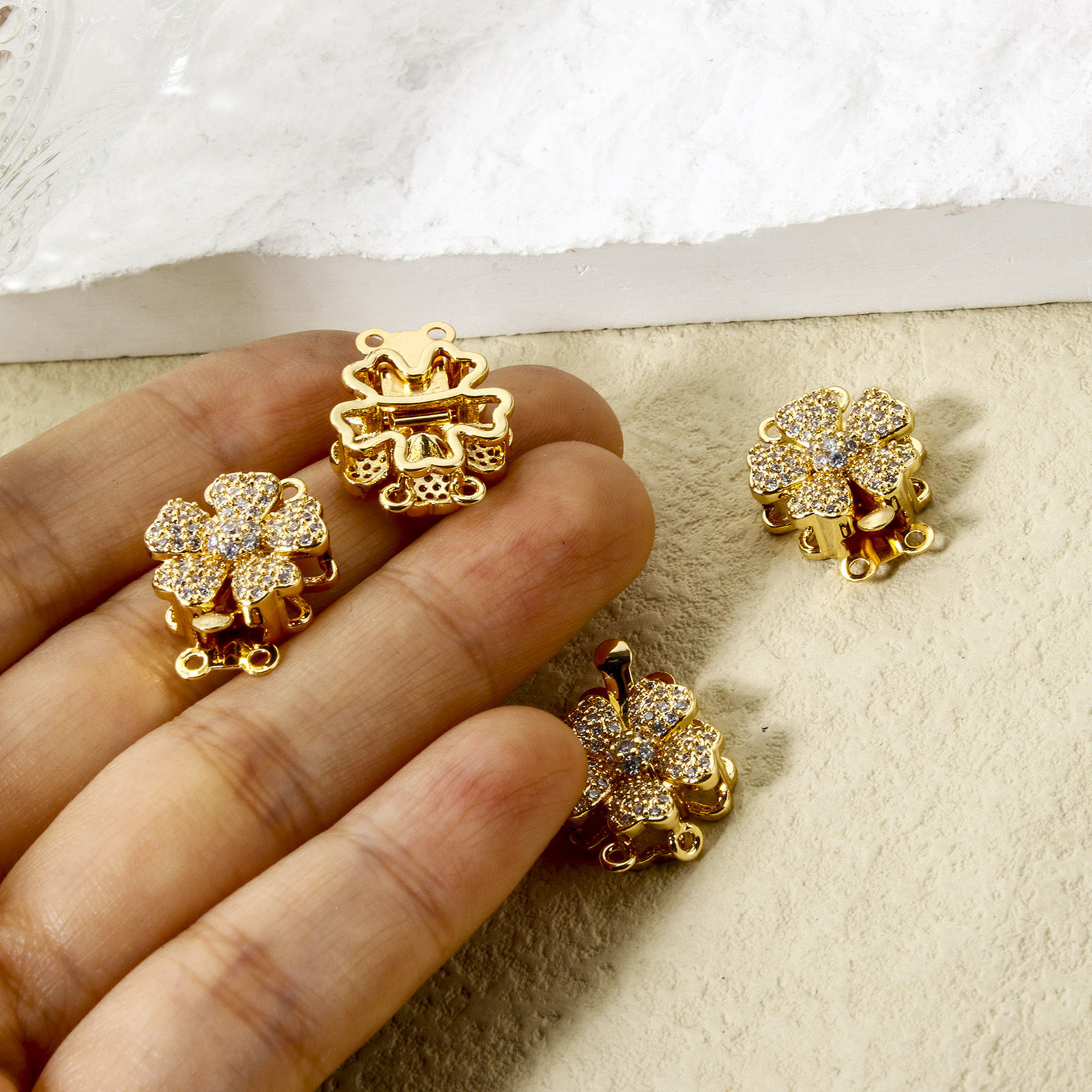Picture of 1 Piece Brass Push In Snap Lock Clasps Flower 18K Gold Plated Clear Cubic Zirconia 19mm x 14.5mm
