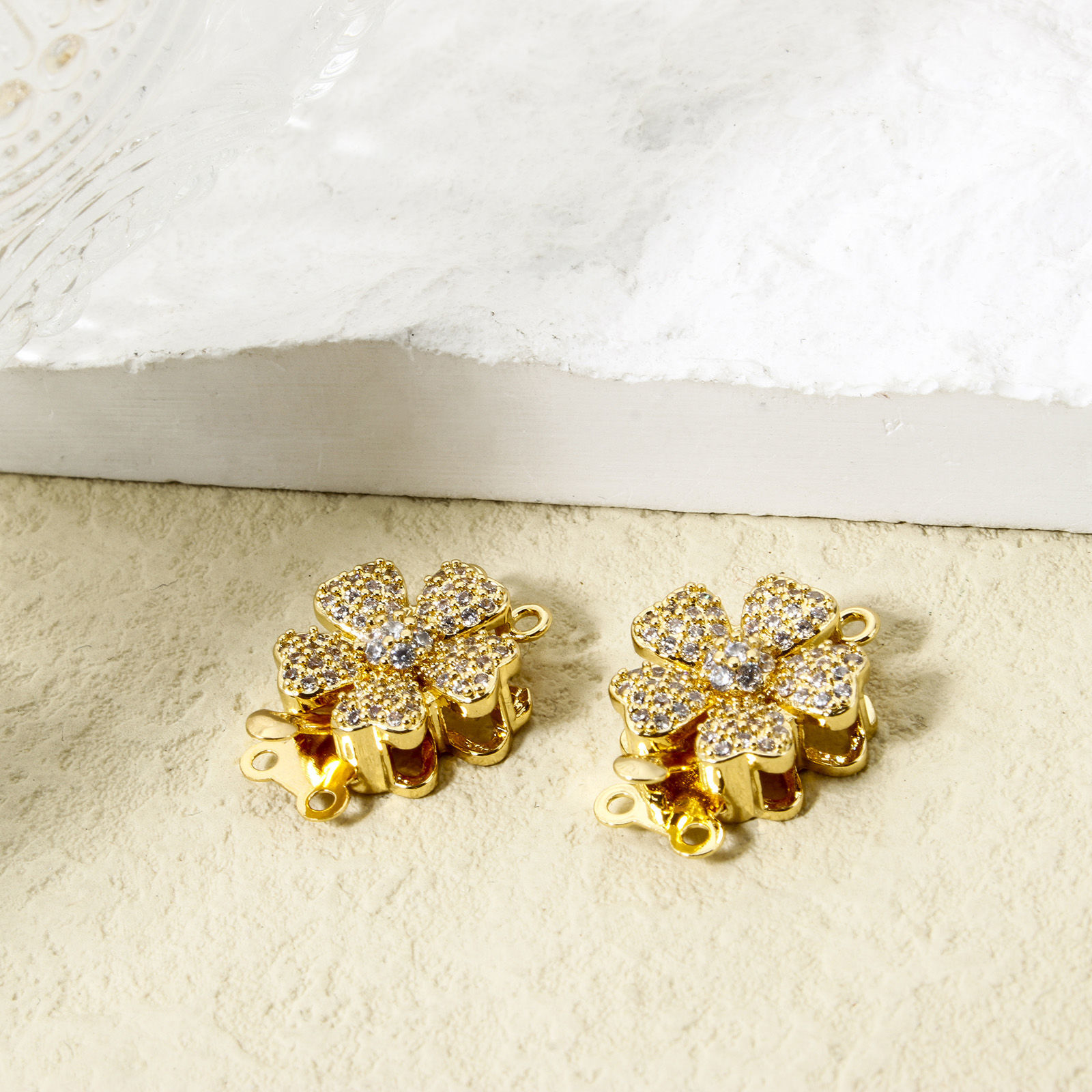 Picture of 1 Piece Brass Push In Snap Lock Clasps Flower 18K Gold Plated Clear Cubic Zirconia 19mm x 14.5mm