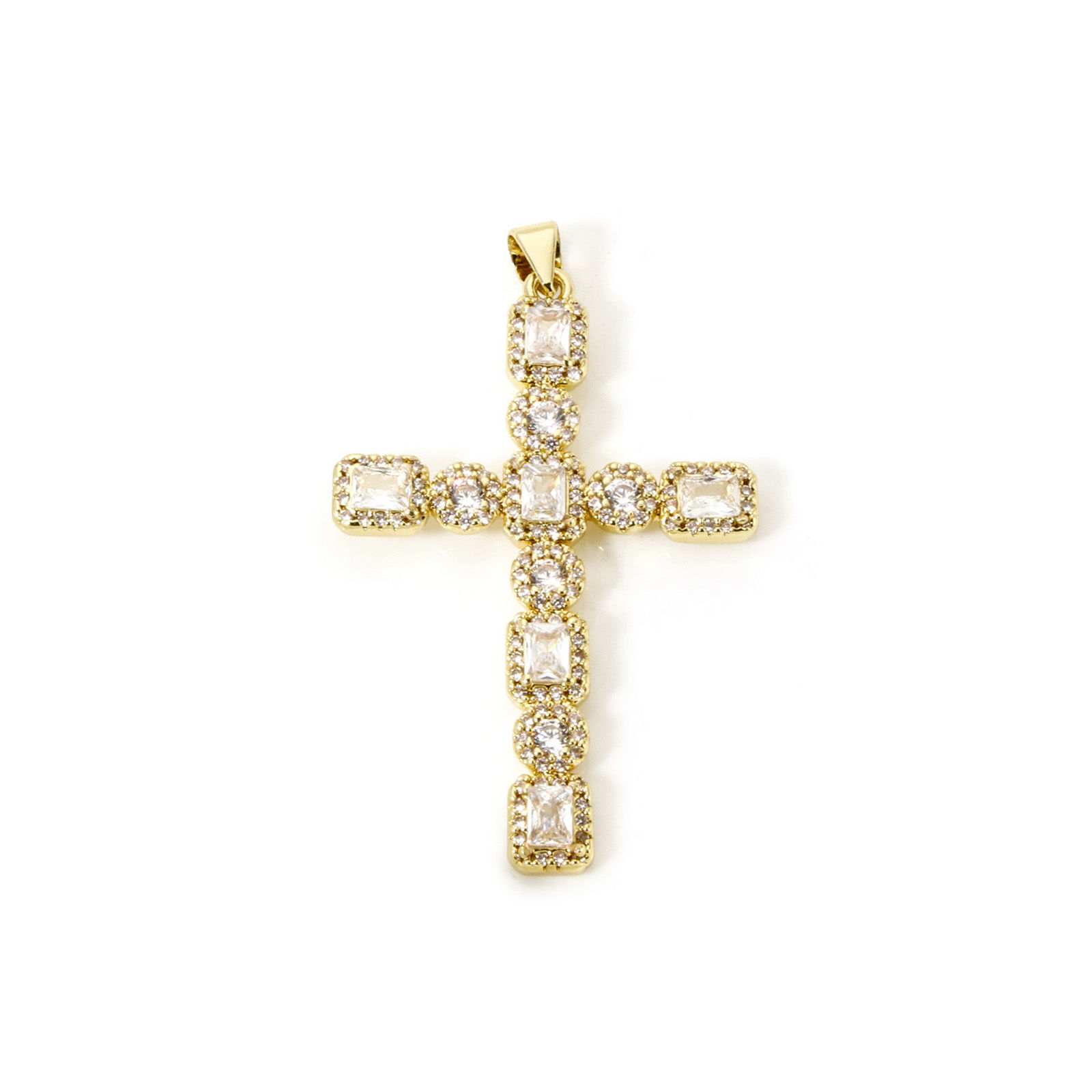 Picture of 1 Piece Eco-friendly Brass Religious Pendants 18K Real Gold Plated Cross Micro Pave Clear Cubic Zirconia 4.9cm x 3cm