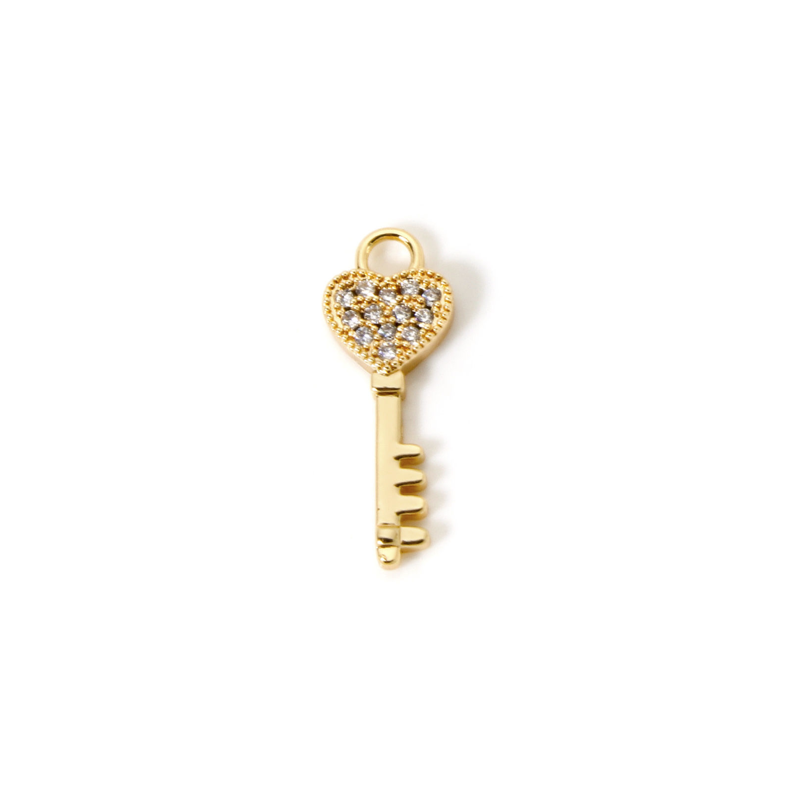 Picture of 2 PCs Eco-friendly Brass Valentine's Day Charms 18K Real Gold Plated Key Micro Pave Clear Cubic Zirconia 20mm x 7mm