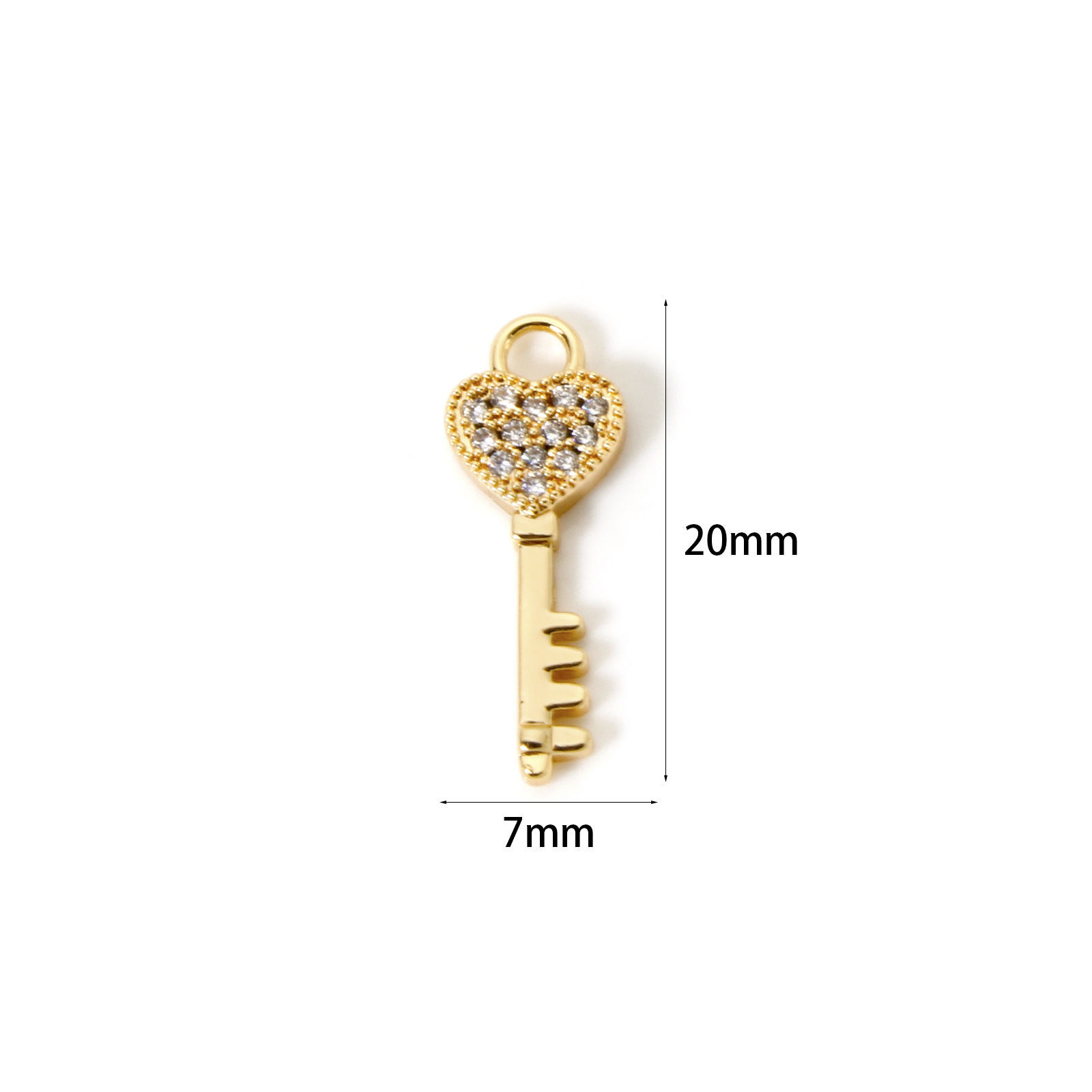 Picture of 2 PCs Eco-friendly Brass Valentine's Day Charms 18K Real Gold Plated Key Micro Pave Clear Cubic Zirconia 20mm x 7mm