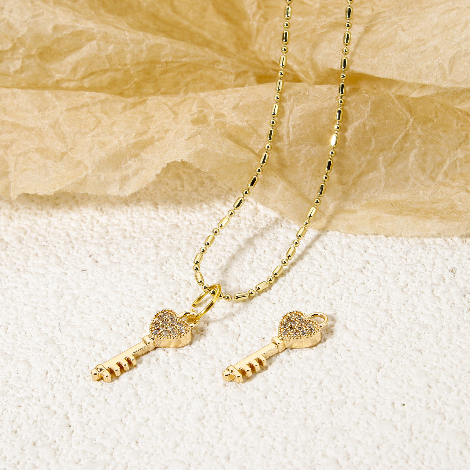 Picture of 2 PCs Eco-friendly Brass Valentine's Day Charms 18K Real Gold Plated Key Micro Pave Clear Cubic Zirconia 20mm x 7mm