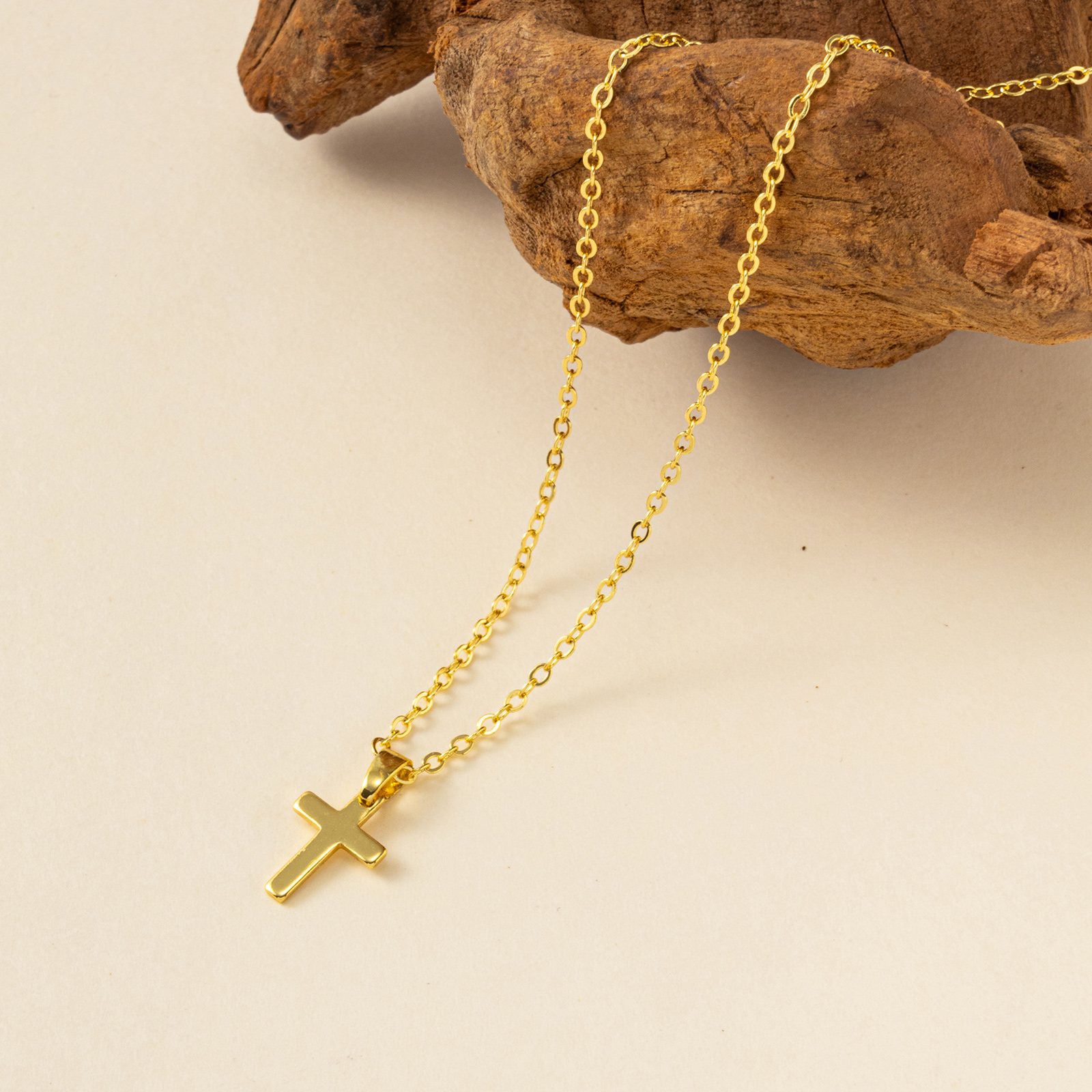 Picture of 1 Piece Eco-friendly Minimalist Religious 18K Real Gold Plated Brass Link Cable Chain Cross Pendant Charm Necklace Unisex Gift 46cm(18.1") + 6cm(2.4") long
