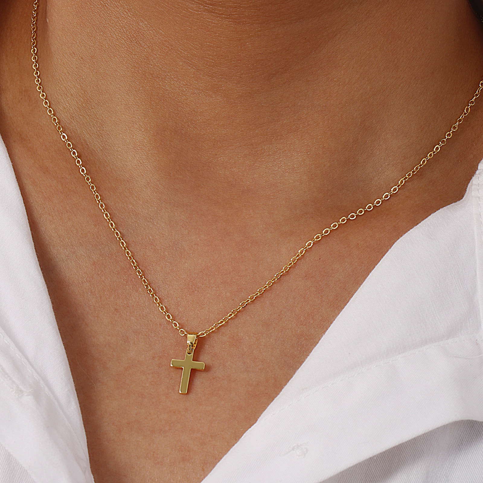 Picture of 1 Piece Eco-friendly Minimalist Religious 18K Real Gold Plated Brass Link Cable Chain Cross Pendant Charm Necklace Unisex Gift 46cm(18.1") + 6cm(2.4") long