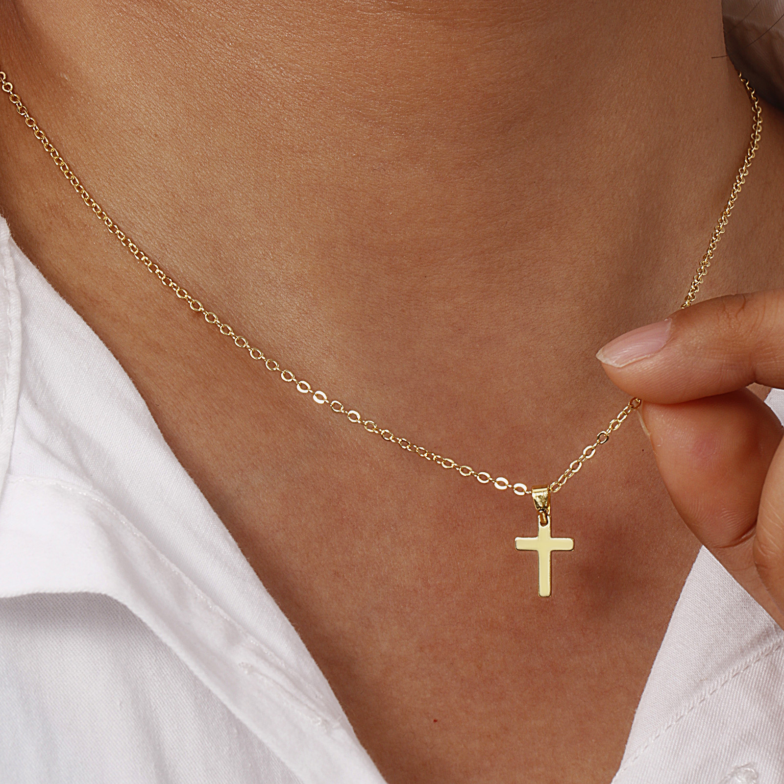 Picture of 1 Piece Eco-friendly Minimalist Religious 18K Real Gold Plated Brass Link Cable Chain Cross Pendant Charm Necklace Unisex Gift 46cm(18.1") + 6cm(2.4") long