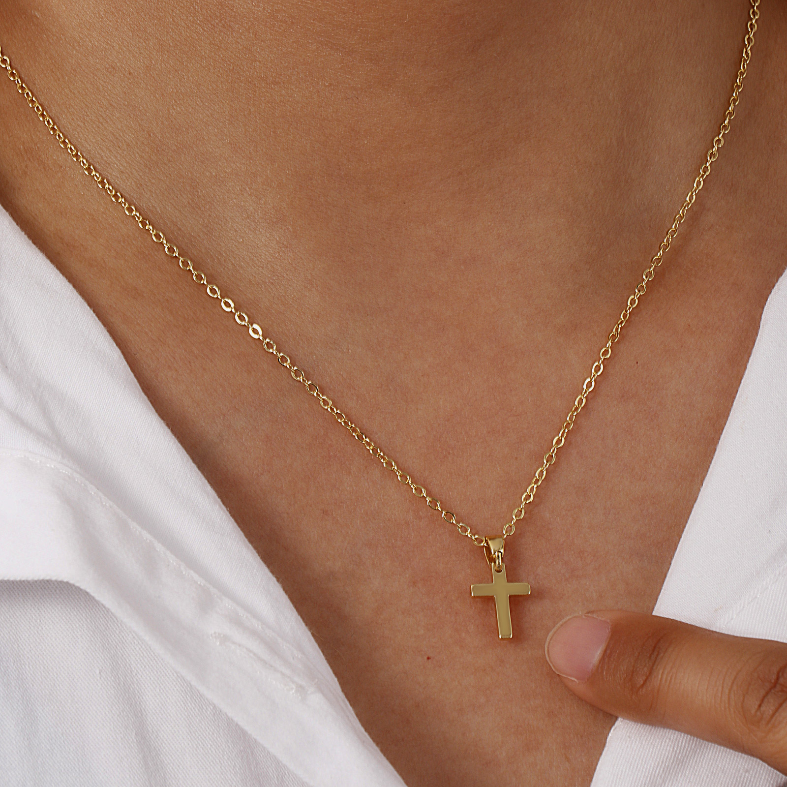Picture of 1 Piece Eco-friendly Minimalist Religious 18K Real Gold Plated Brass Link Cable Chain Cross Pendant Charm Necklace Unisex Gift 46cm(18.1") + 6cm(2.4") long